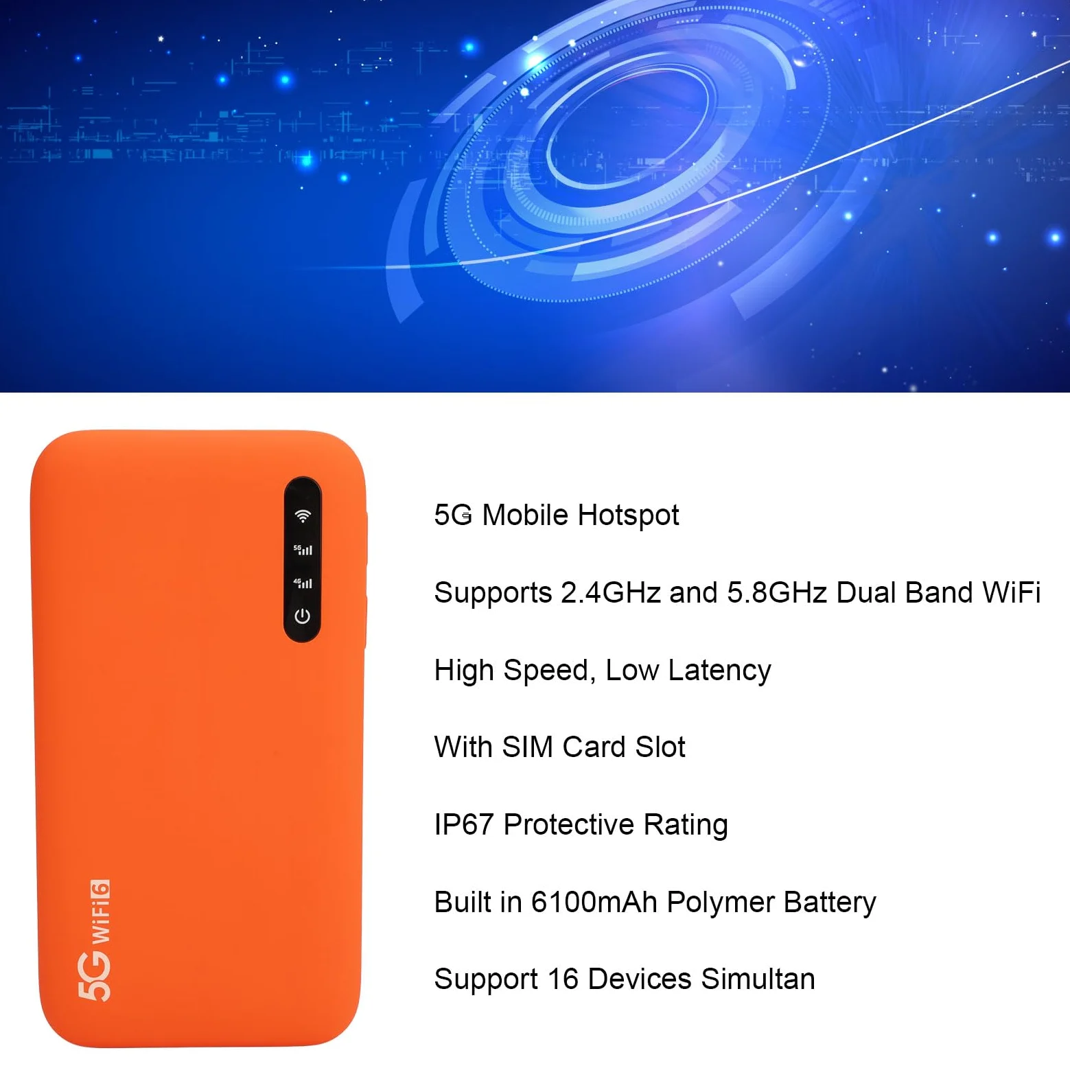 Routeur Haute Vitesse Efficace de Point D'accès Mobile 5G pour Le Batterie 6100mAh 16 Appareils ABS Orange