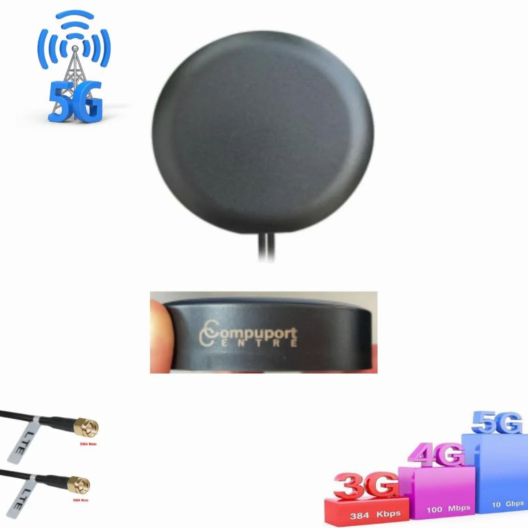 L'antenne de palet de montage magnétique et adhésif CompuPort 5G Cellular Omni-Directional est conçue pour une gamme d'applications cellulaires, y compris les appareils IoT. Câble mâle SMA double