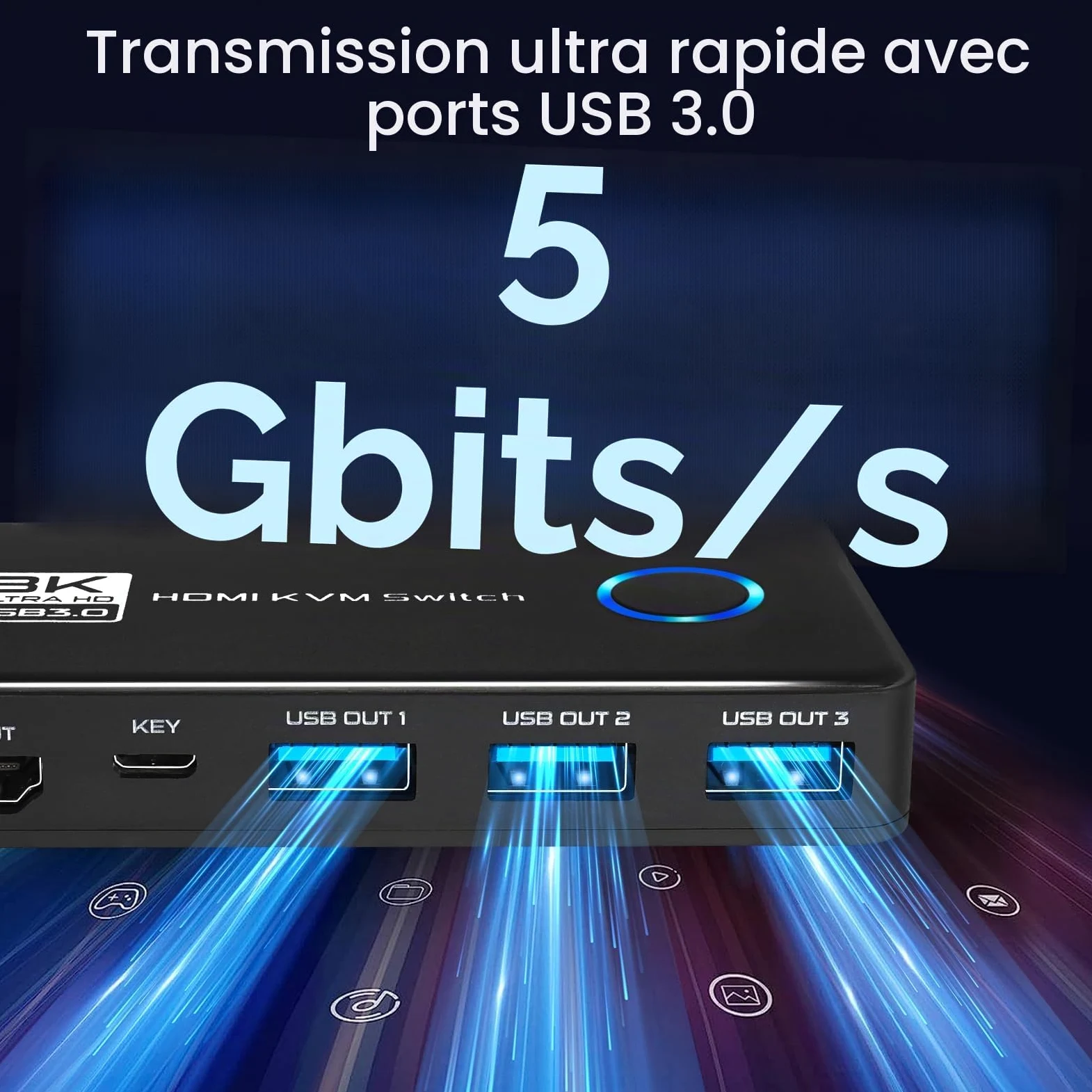 TCNEWCL 8K@60Hz Commutateur KVM HDMI USB 3.0 2 PC 1 moniteur 4K @ 120 Hz, 2 ports Commutateur KVM, prend en charge HDR, Dolby Audio, 3D, HDCP2.3, avec câble HDMI 2.1 et USB 3.0