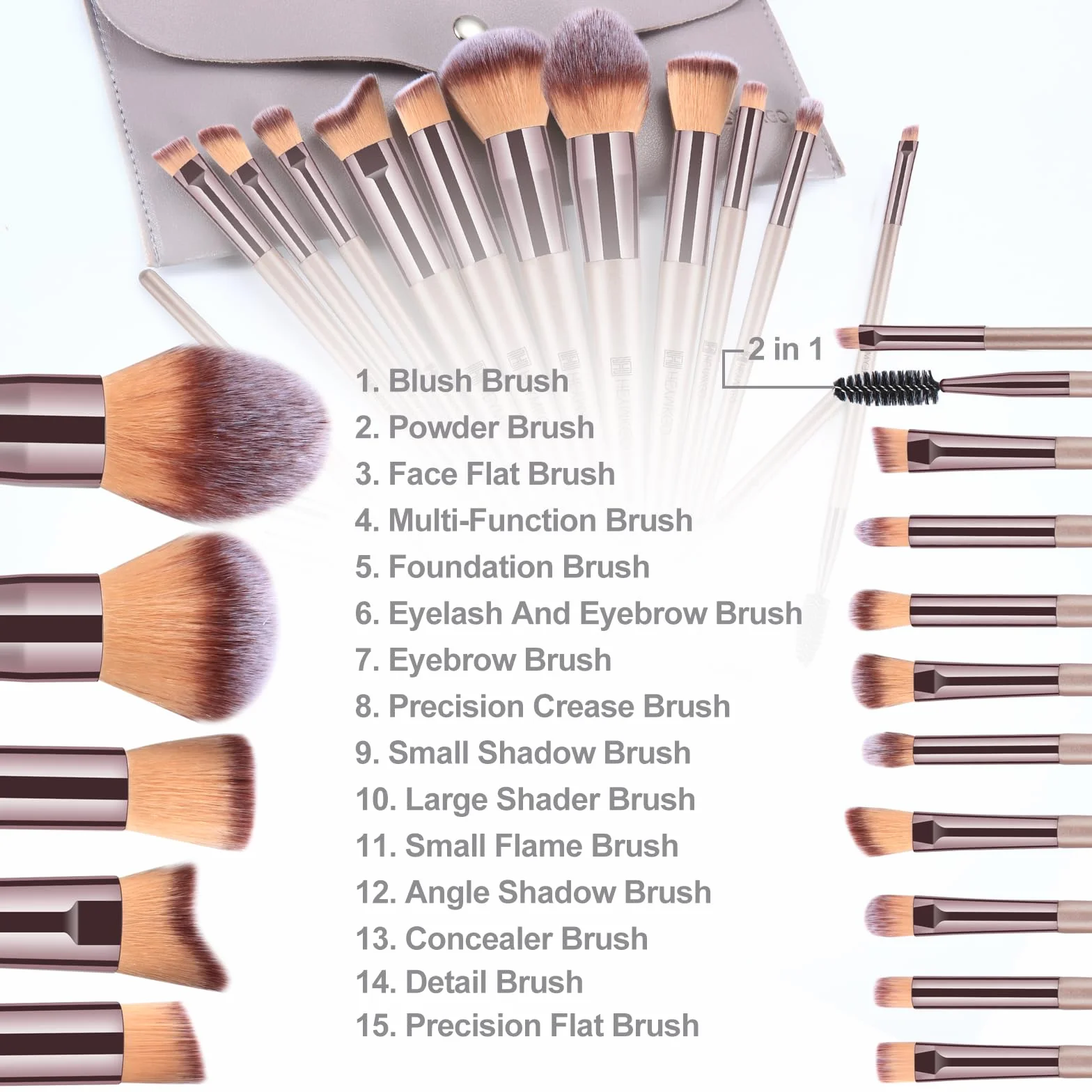 HEYMKGO Pinceaux Maquillages Lot de 15 Set Professionnel avec Trousse en Cuir PU Champagne Doré
