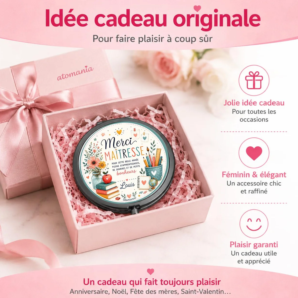 Miroir de Poche Personnalisé Prénom – Cadeau Maîtresse Fin d'Année Scolaire – Miroir Compact Femme