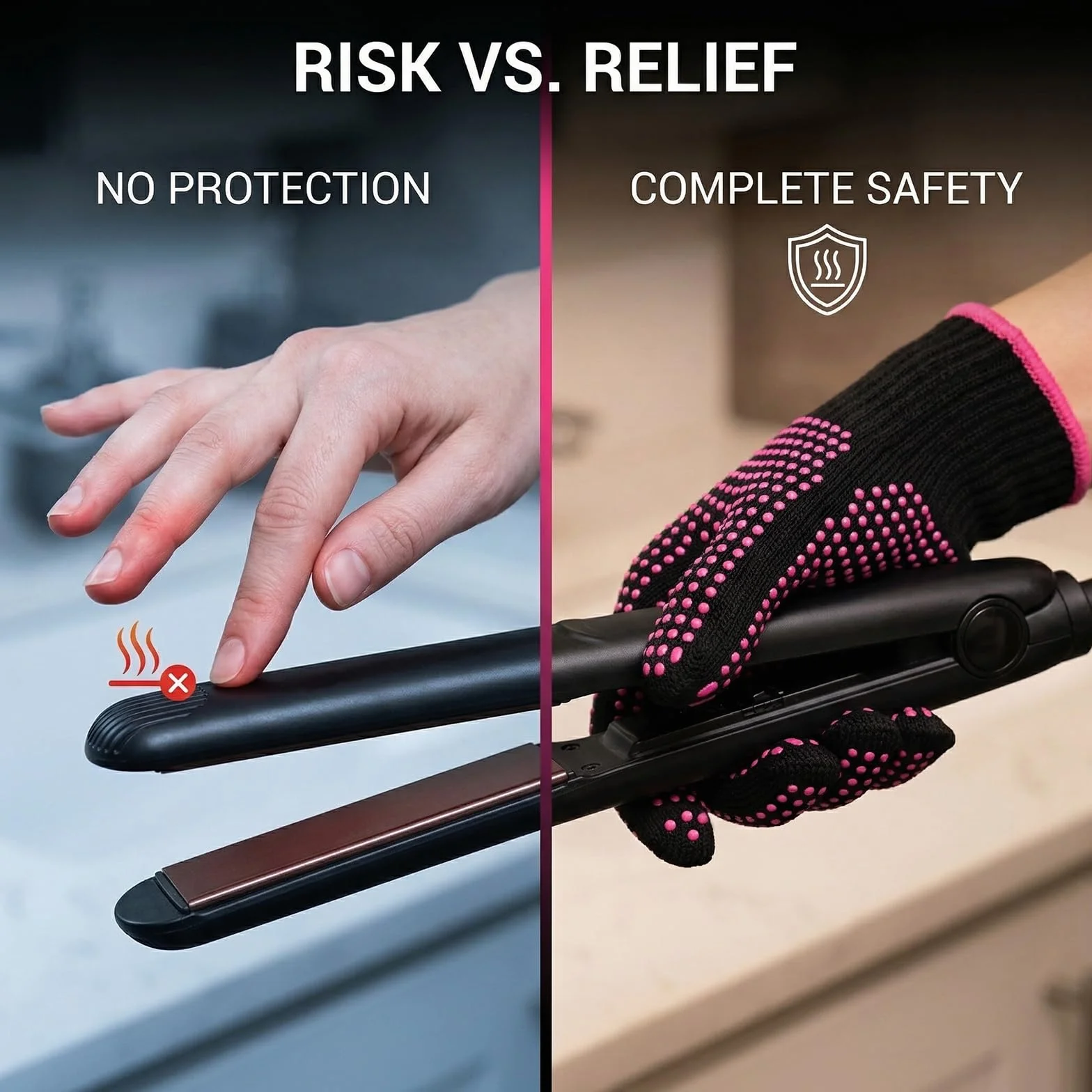 Gants Thermo-Résistants Anti-Brûlure Professionnels en Coton avec Picots Silicone Double Face, Protection Chaleur Coiffure, Rose Rouge