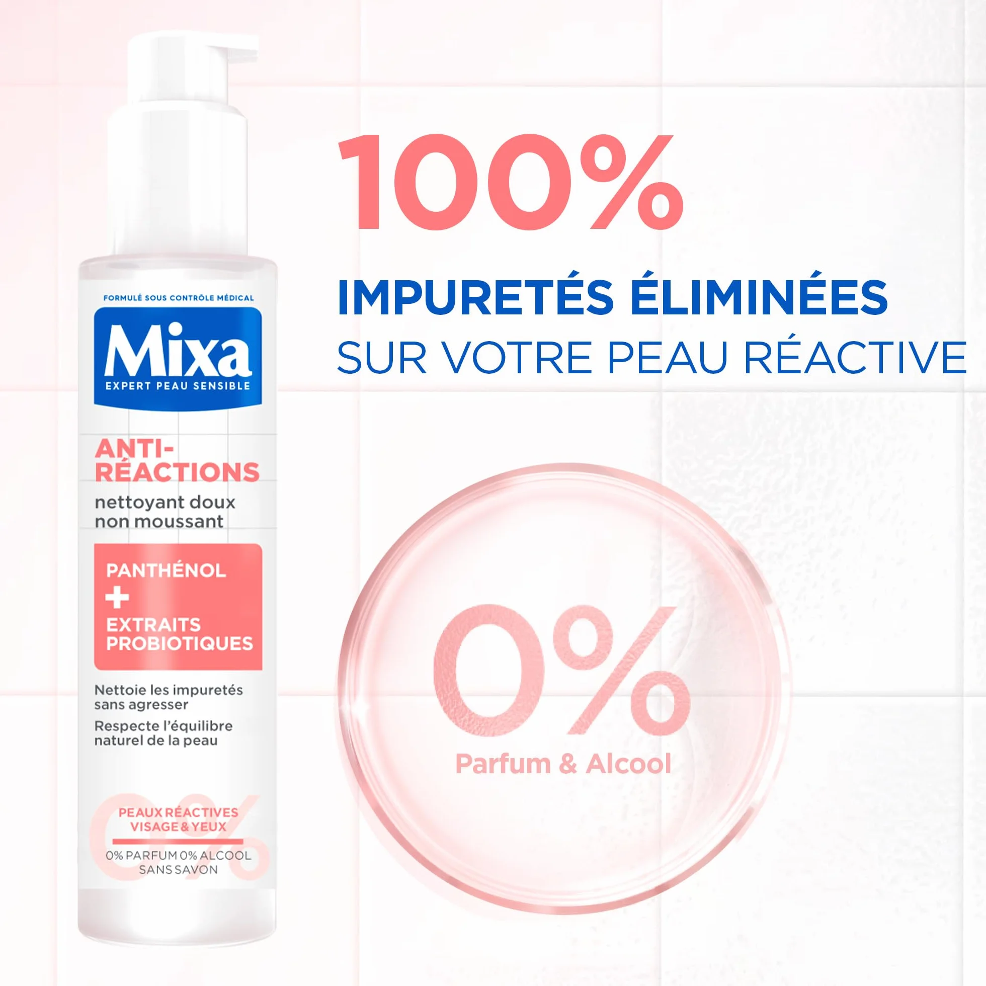 MIXA Nettoyant Visage Anti-Réactions 150 ml Panthénol Extraits Probiotiques Sans Parfum Sans Savon