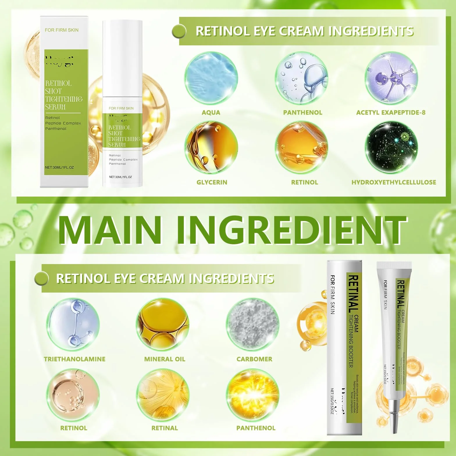 Sérum au Rétinol Raffermissant, 2 Pièces, Rétrécit les Pores, Réduit les Ridules, Convient à Tous les Types de Peau