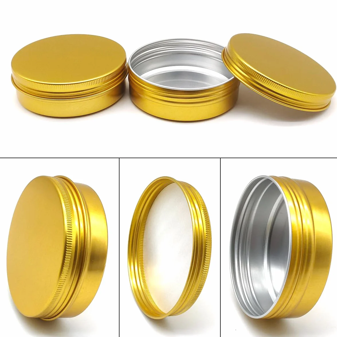 Bocaux en aluminium 100 ml doré avec couvercle à vis lot de 6 pour DIY baume à lèvres crème de visage