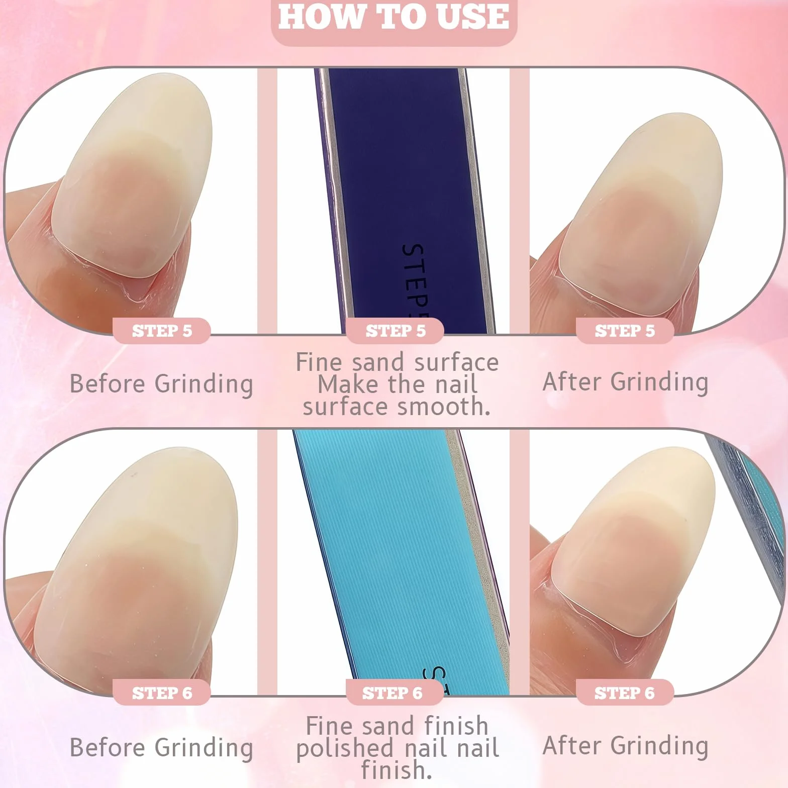 Yamobi 6 pièces Lime à ongles 4 faces pour ongles naturels, blocs de polissage en gel, lavables