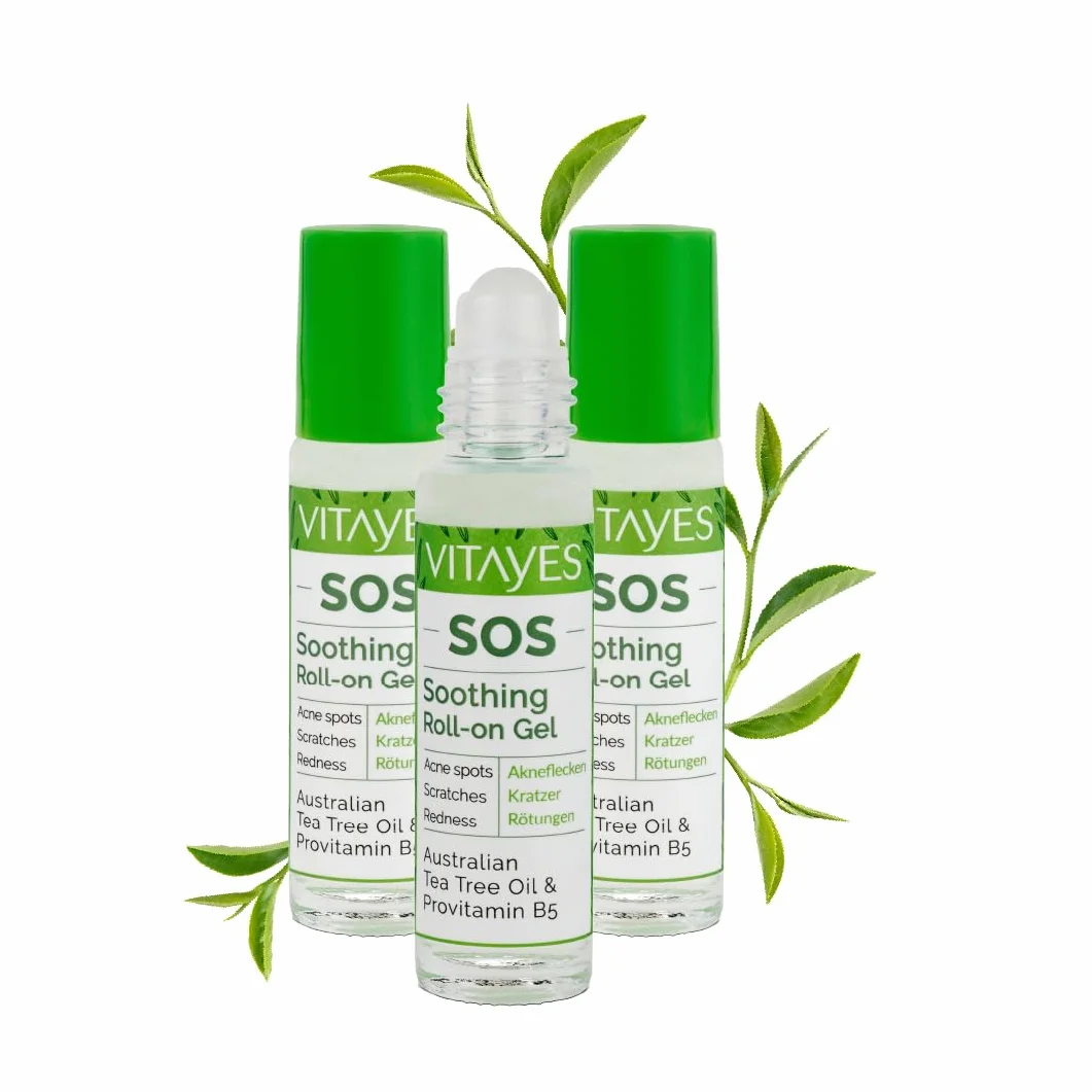 Huile essentielle d'arbre à thé BIO 3 x 10 ml – Stylo roll-on contre boutons, acné, imperfections – Vitamine B5 – Végétalien sans cruauté