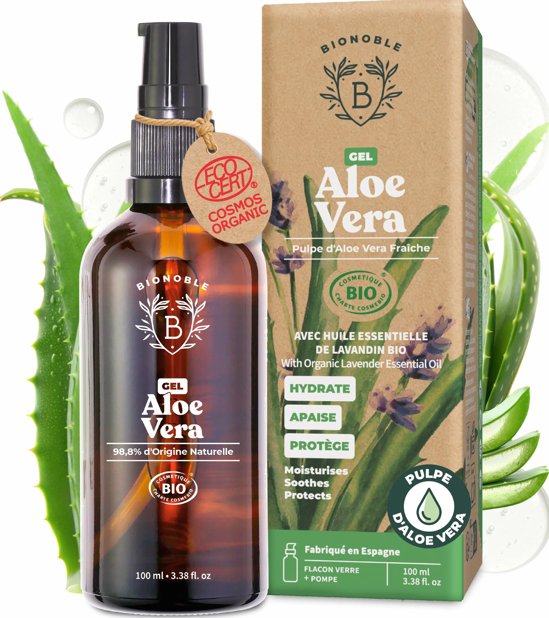 Gel Aloe Vera Bio 97% Huile Essentielle Lavande 100% Pur Pulpe Hydrate Apaise Visage Corps Cheveux Bouclés 100ml