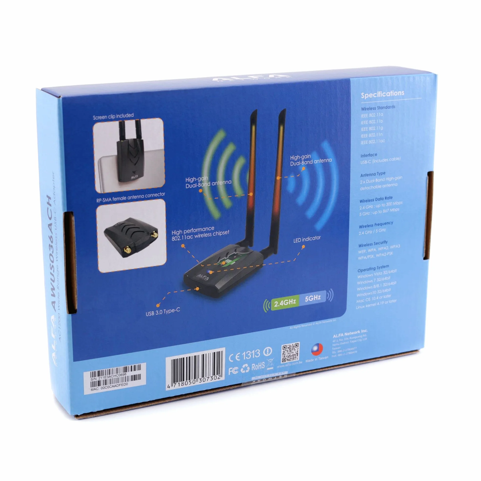 Alfa AWUS036ACH AC1200 Adaptateur USB Dual Band