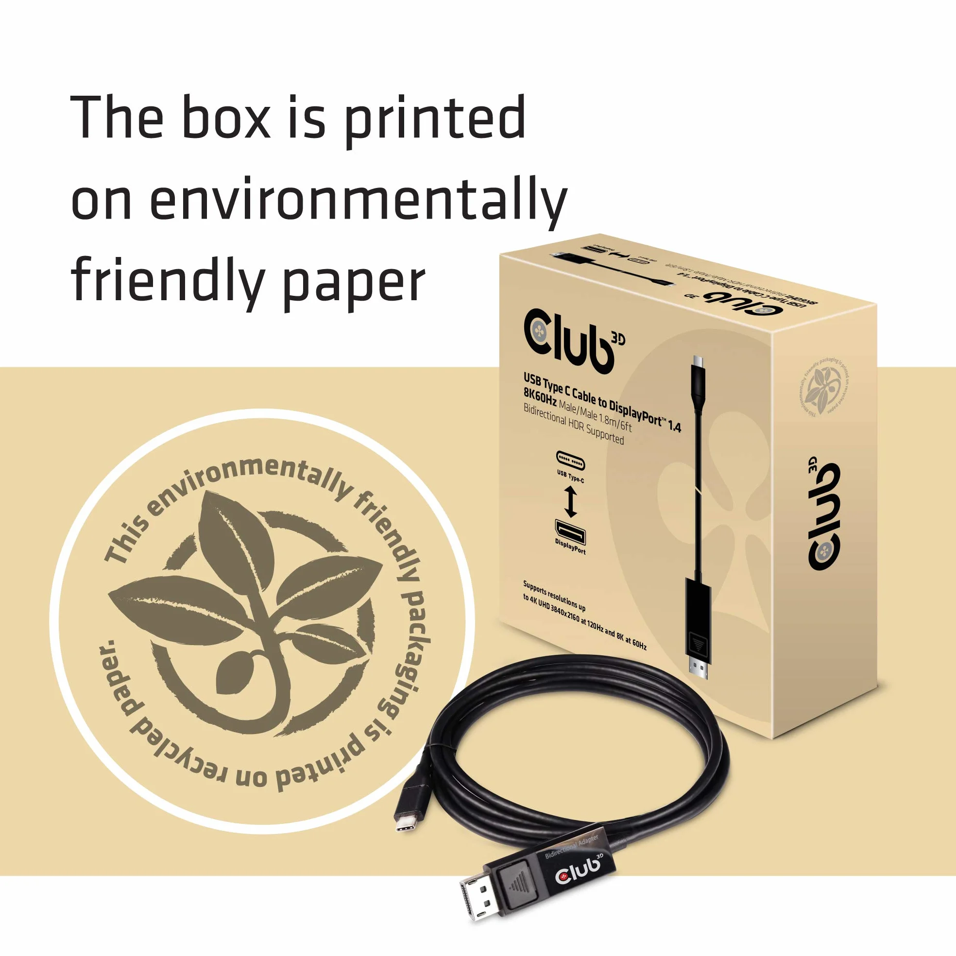 Club 3D Câble Adaptateur USB Longueur : 1,8 m - Type C vers Displayport - 8K60Hz HDR - Noir - Référence : CAC-1557
