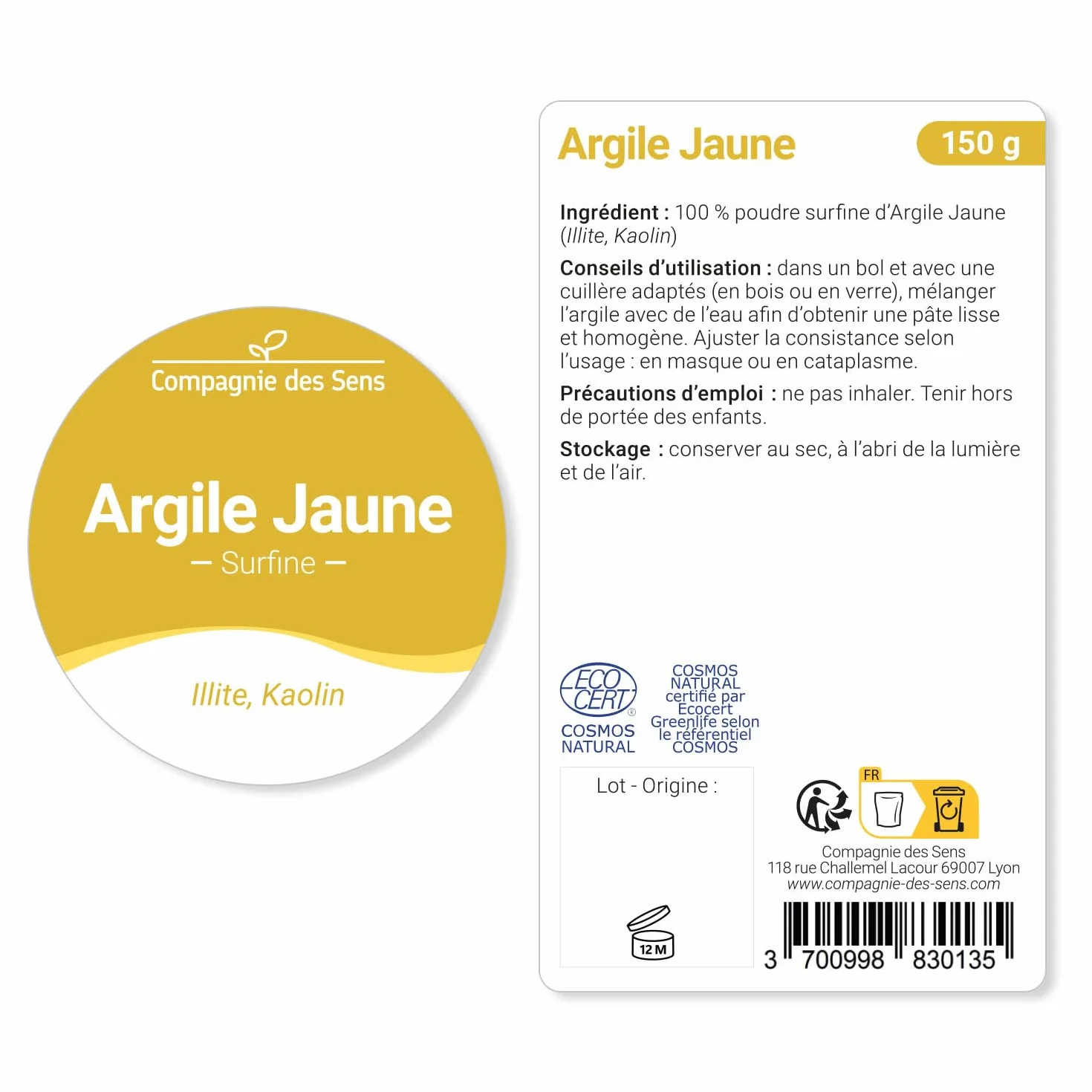 Argile Jaune Illite Poudre surfine 150g 100% naturelle qualité Premium cosmétique maison
