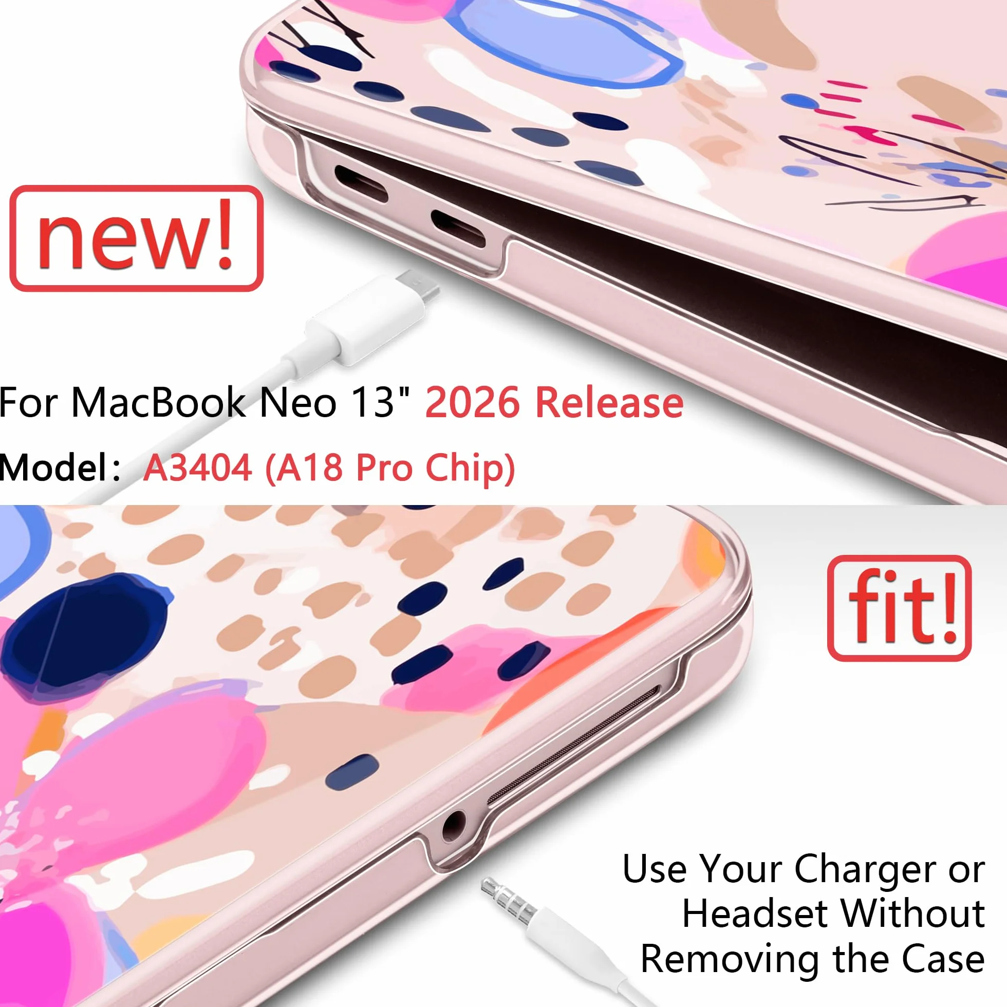 Coque rigide compatible MacBook Neo 13" 2026 A3404 A18 Pro Touch ID plastique motif floral avec protecteurs clavier écran bouchons poussière