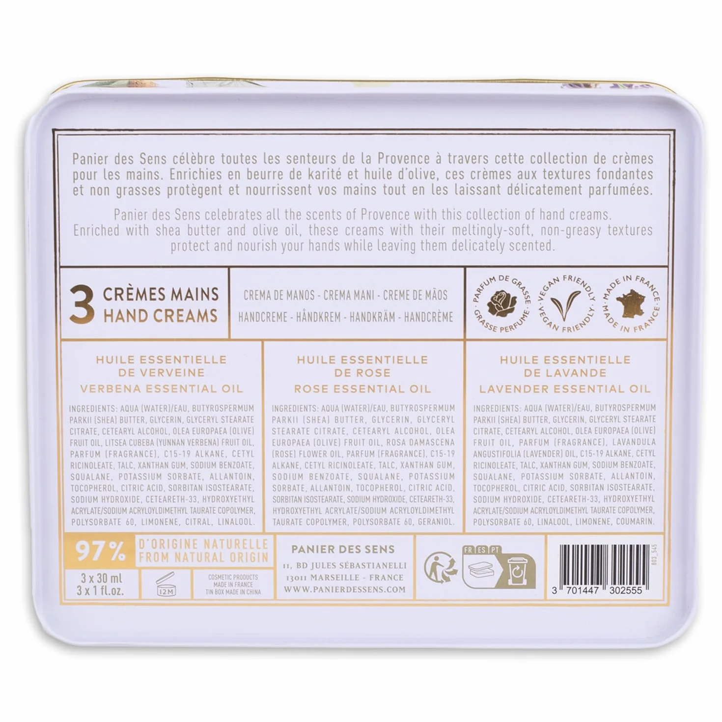 Panier des Sens Coffret Cadeau Femme Trio Crème Main Hydratante Lavande Rose Verveine 97% Ingrédients Naturels 3x30ml Made in France
