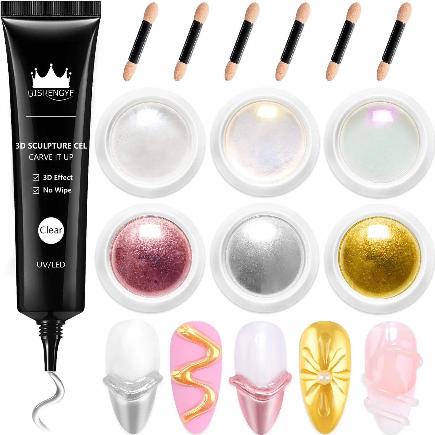 Gel à Gel 3D Ongle Multifonctionnel 15g Nail Art Sans Essuyage Chrome Argent/Or Poudre Jaune Perle Rose