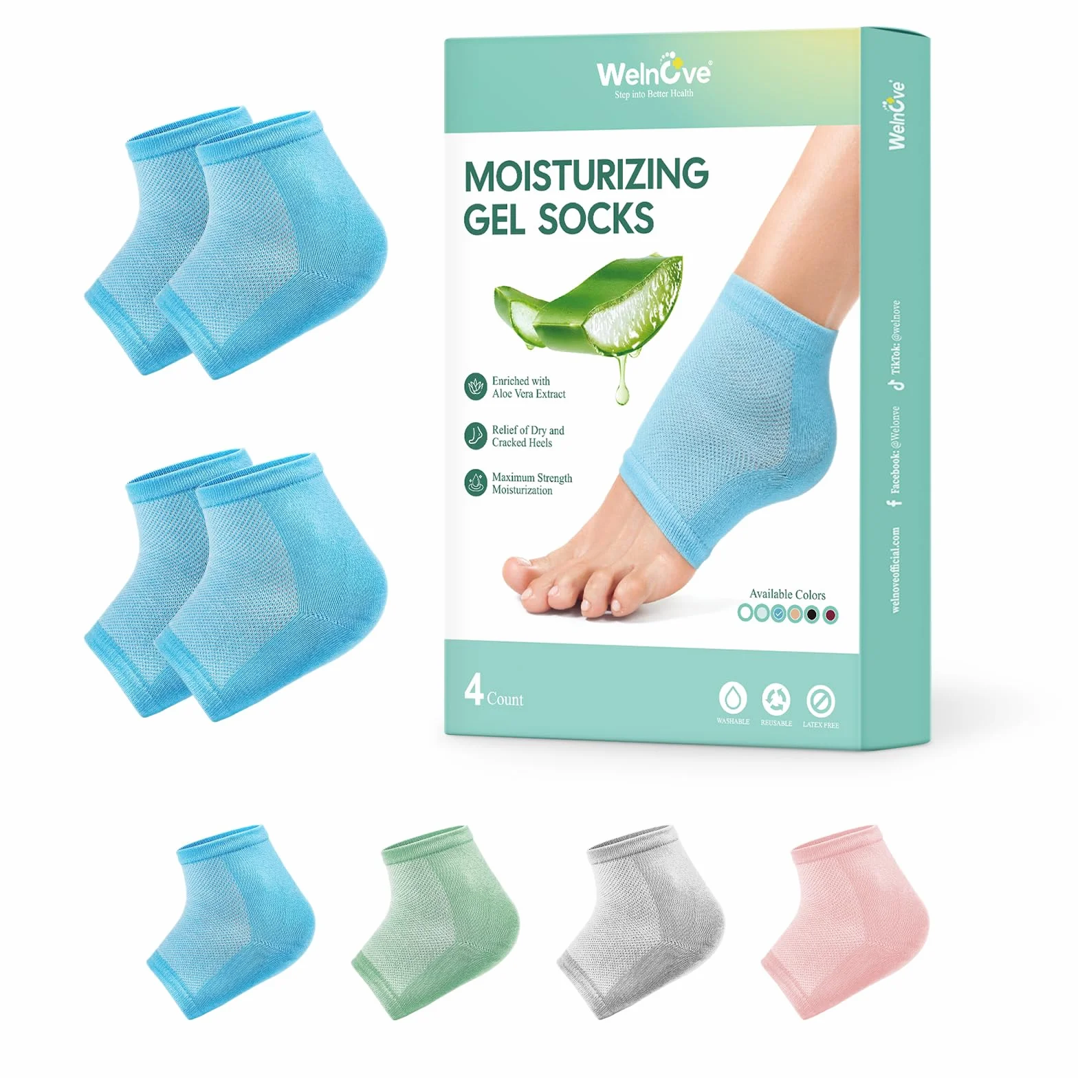 Welnove Lot de 2 paires de chaussettes hydratantes à talon Extrait d'aloe vera Doublure en gel pour pieds secs