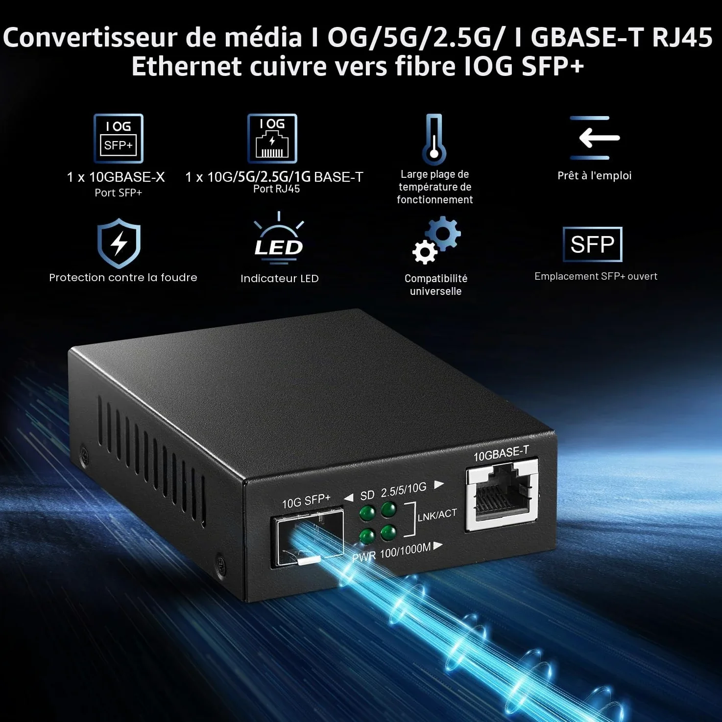 Binardat 10G Fiber Media Coverter, 2 ports 10 Gigabit Ethernet, 1 port RJ45 10G, 1 port SFP 10G, mini boîtier en métal sans ventilateur, plug and play non géré