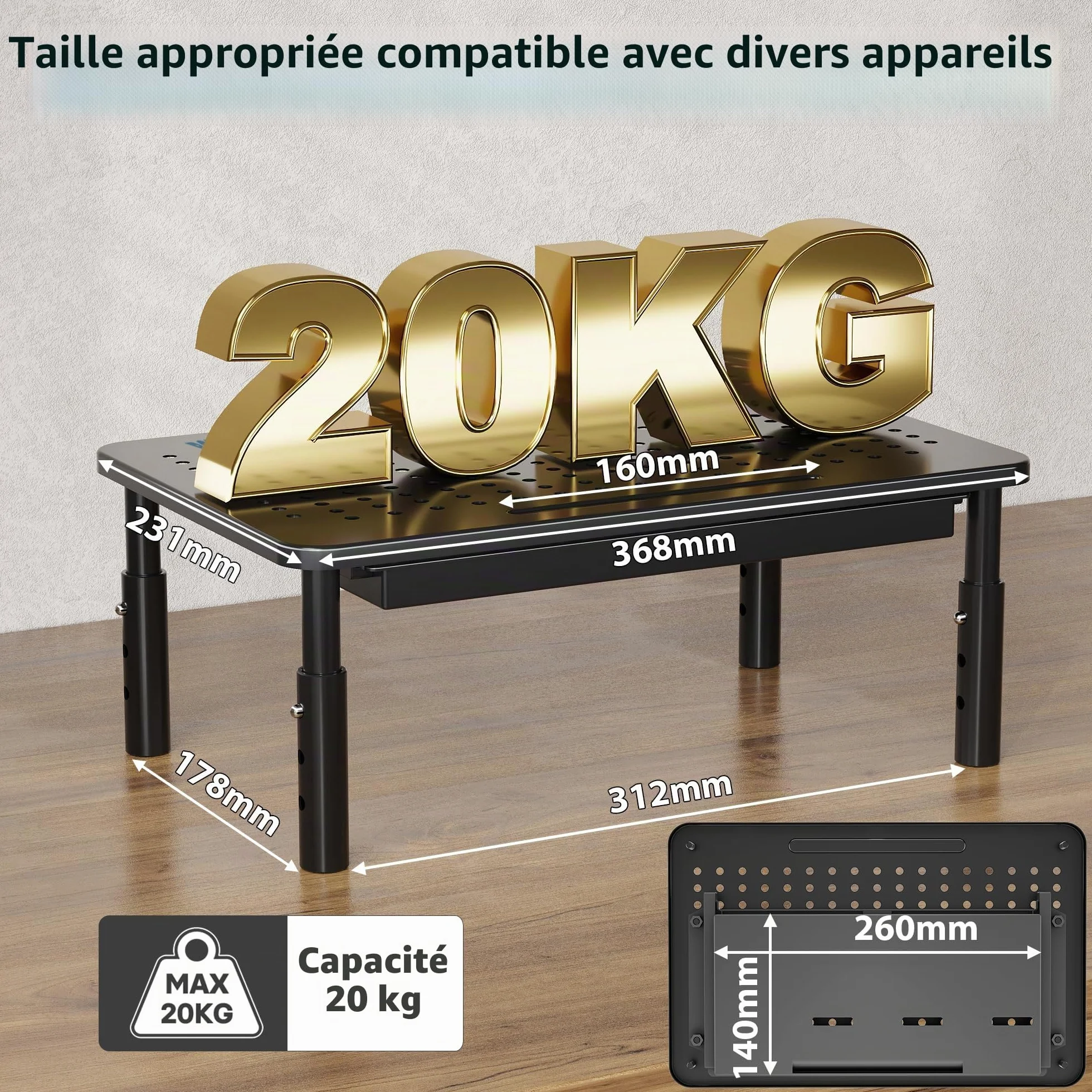 BONTEC Support Moniteur avec Tiroir, 3 Hauteurs Réglables, Rehausseur Ecran Bureau, Plate-Forme Maille 20 kg