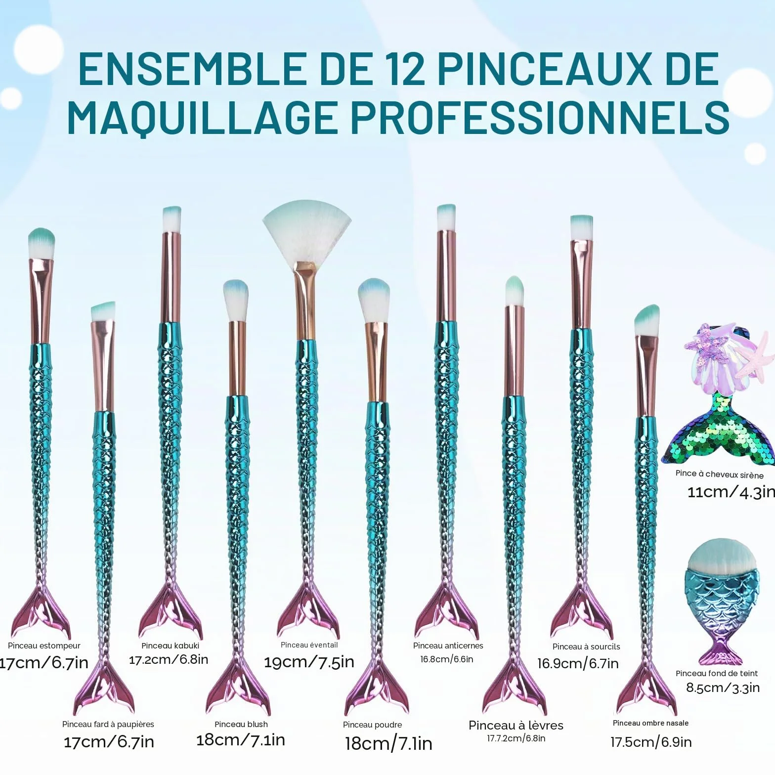 Mermaid Maquillage Pinceaux Set 12 PCS avec barrette Brosse Cosmétique Nylon Fond de Teint Poudre Crème Sourcils Eyeliner Fard à Joues