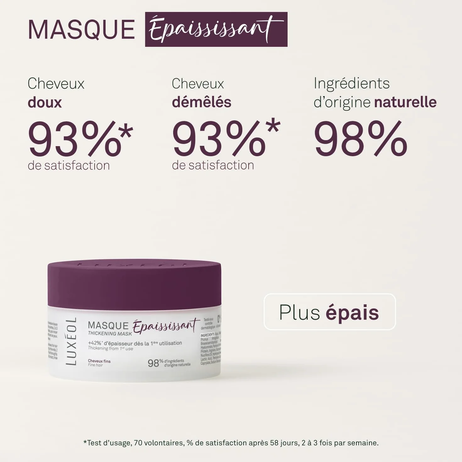 LUXEOL Masque Cheveux Epaississant 200 ml Algue Rouge Acide Hyaluronique Protéine de Riz
