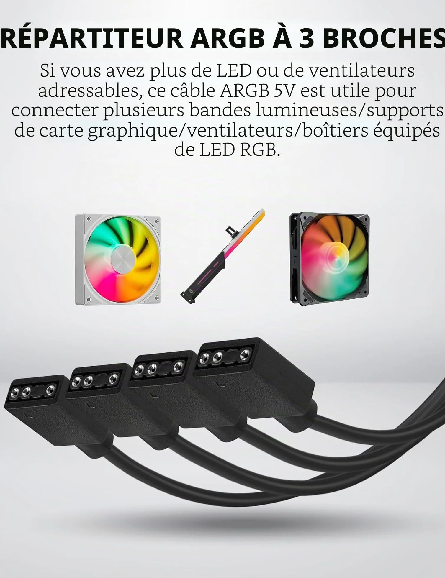 upHere ARGB 3Pin Répartiteur de Ventilateur 1 à 4 Splitter Cable 30cm avec Broches mâles