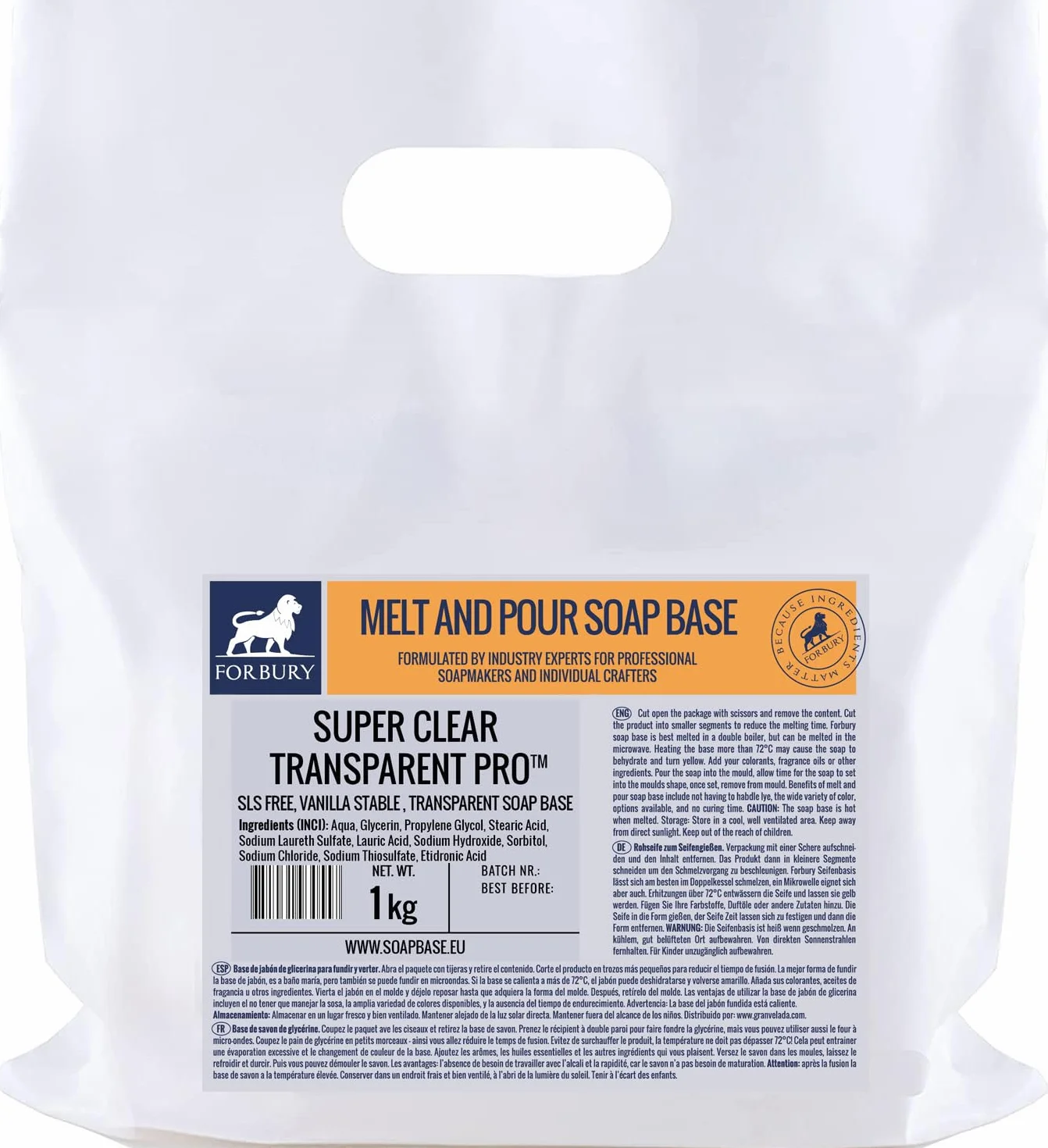 Base de Savon de glycérine Transparent 1kg, Melt and Pour, sans SLS