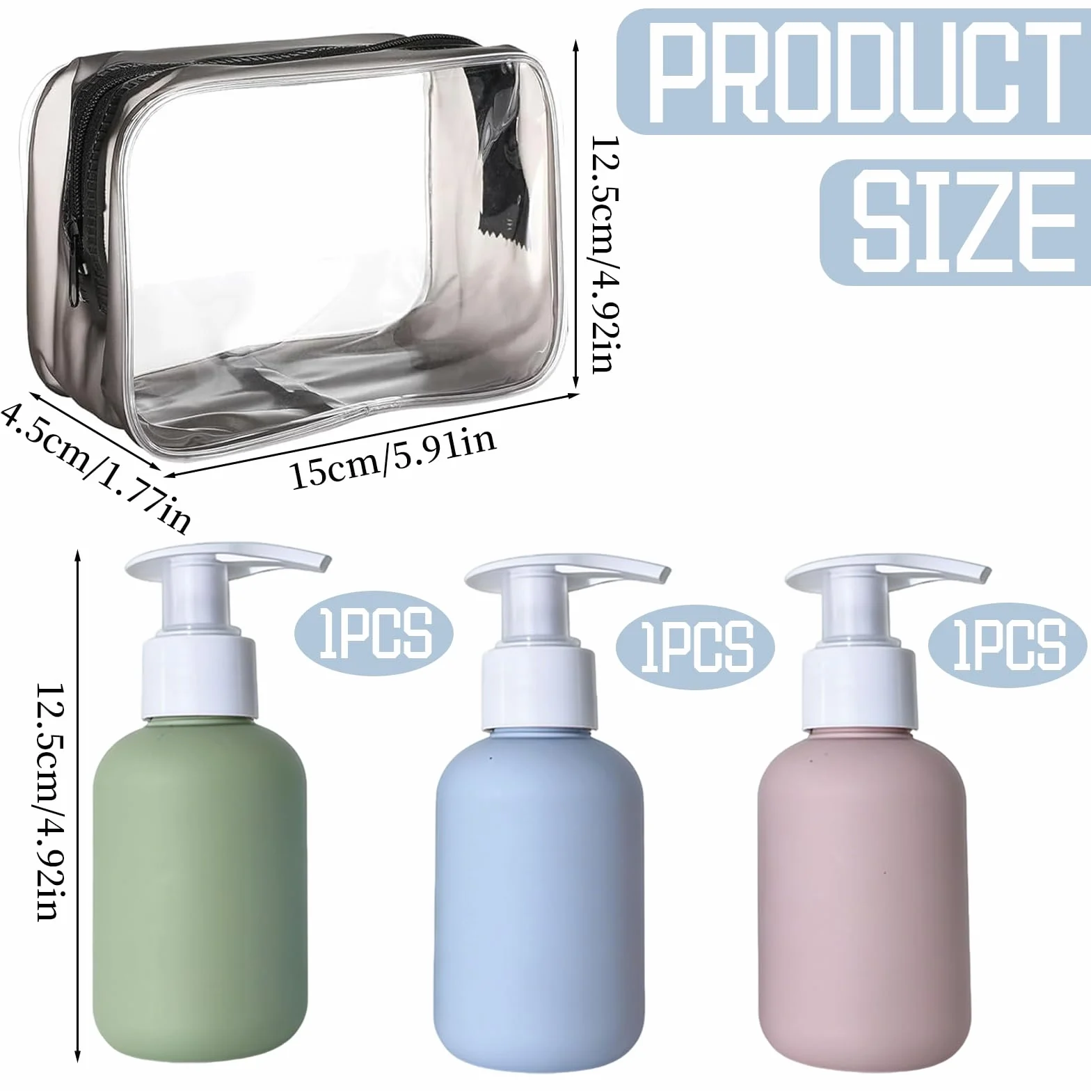 Kit Voyage Toilette Réutilisable 3 Pièces 100ml Flacon Vide Pompe Pas Facile à Fuir pour Shampoing Gel Douche Lotion