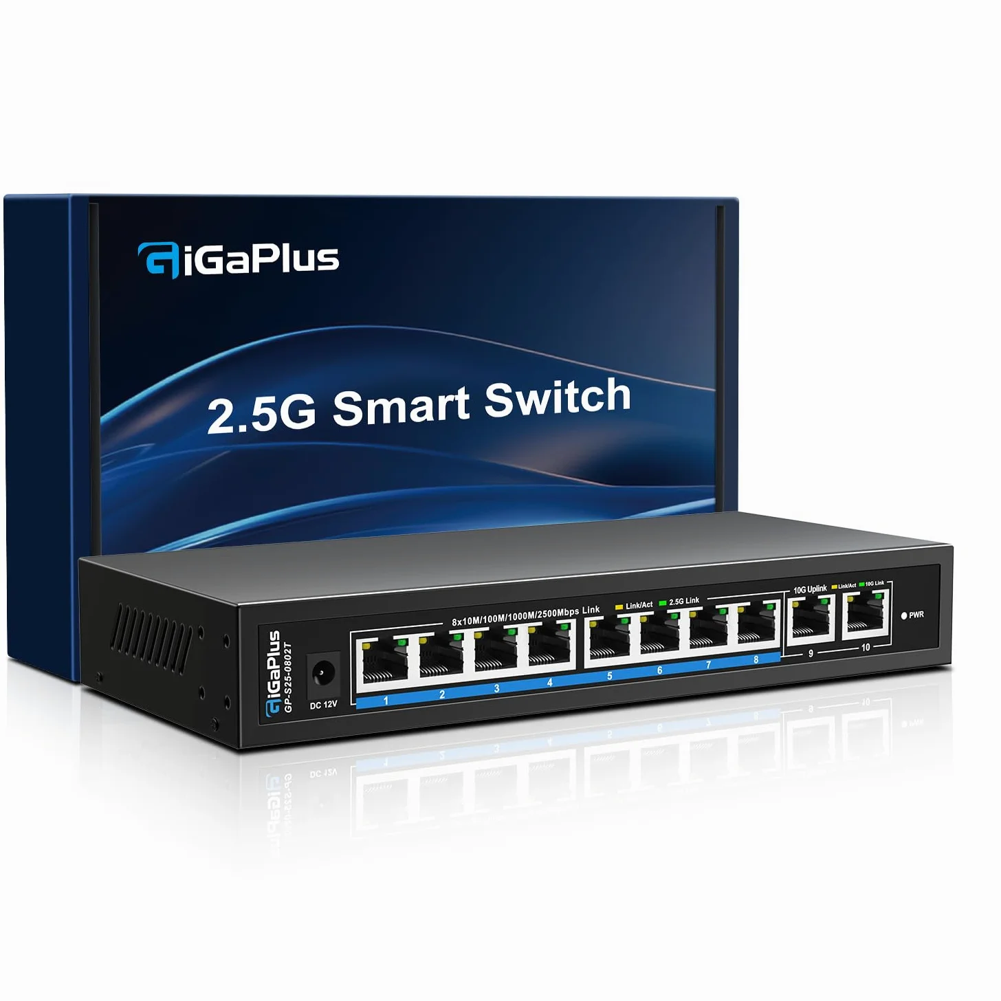 Switch Ethernet Non administrable 10 Ports 10Gb avec 8 Ports 2.5G Base-T et 2 Ports RJ45 10G. Capacité de Commutation de 80Gbit/s. Switch réseau GiGaPlus 10Gbit/s pour NAS/PC 2.5G/10Gbit/s