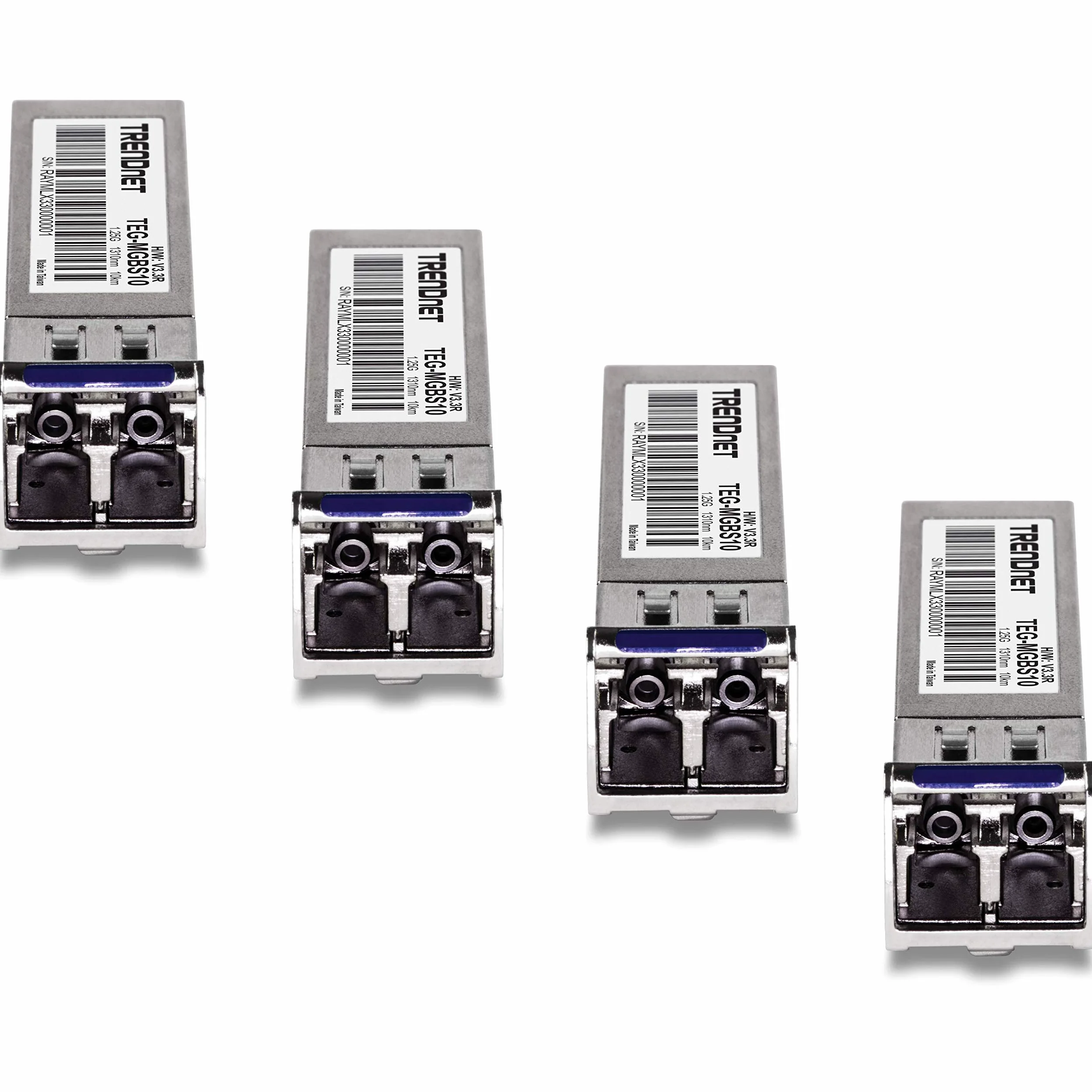 TRENDnet SFP Lot de 4 modules LC monomode TEG-MGBS10/4, pour fibre monomode, distances jusqu'à 10 km, Gigabit SFP, prend en charge jusqu'à 1,25 Gbit/s, IEEE 802.3z Gigabit Ethernet, protection à vie