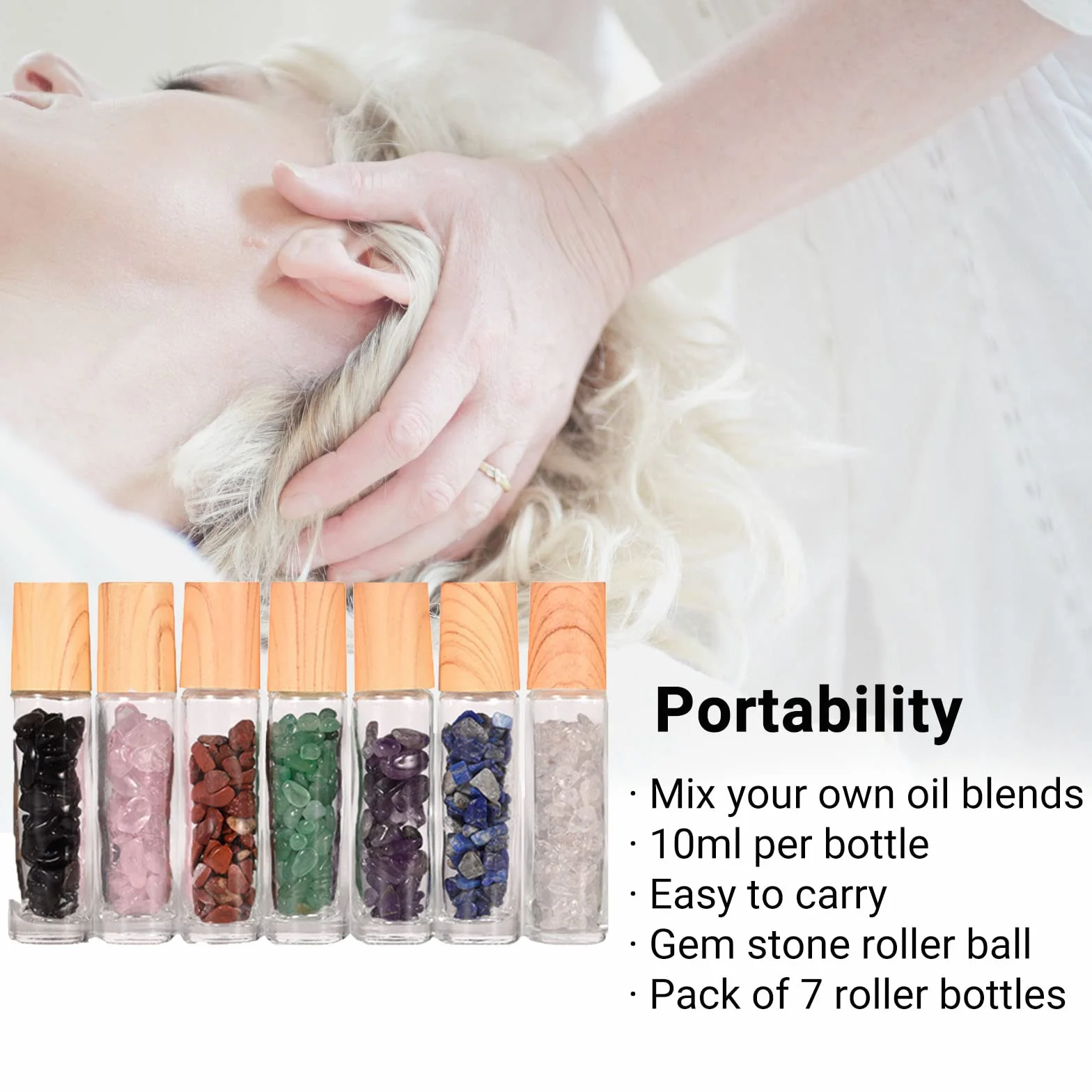 VolksRose 7 Flacons Roll-On Huiles Essentielles 10ml Pierres Naturelles Verre Rechargeable Aromathérapie