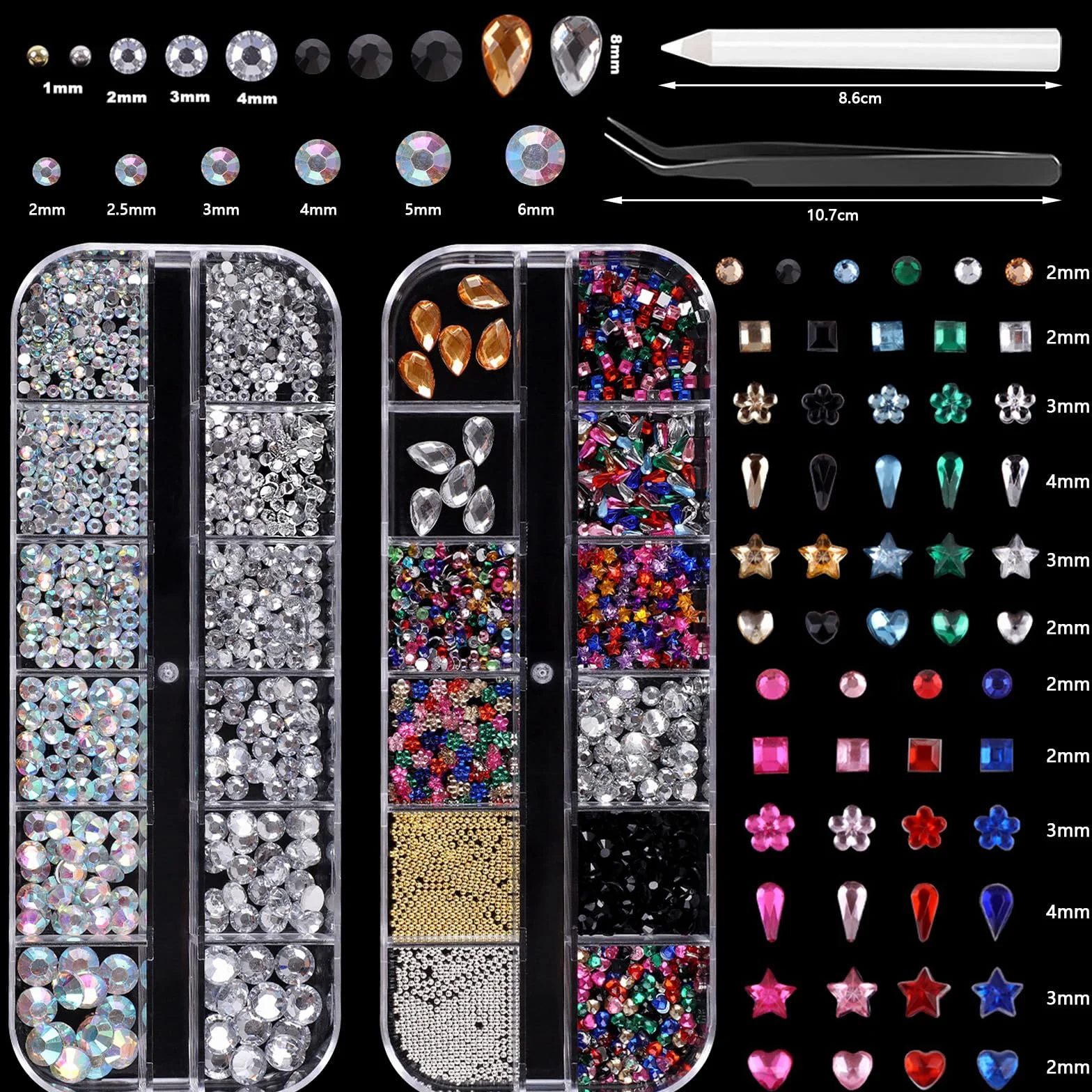 Lot de 7 Boîtes Strass Ongle Nail Art avec Bijoux Ongles, Décorations 3D, Stylo à Cire et Pinces