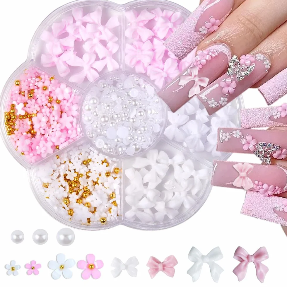 Boîtes de breloques pour ongles 3D nœud fleur demi-perle roses pailletées accessoires manucure loisirs créatifs