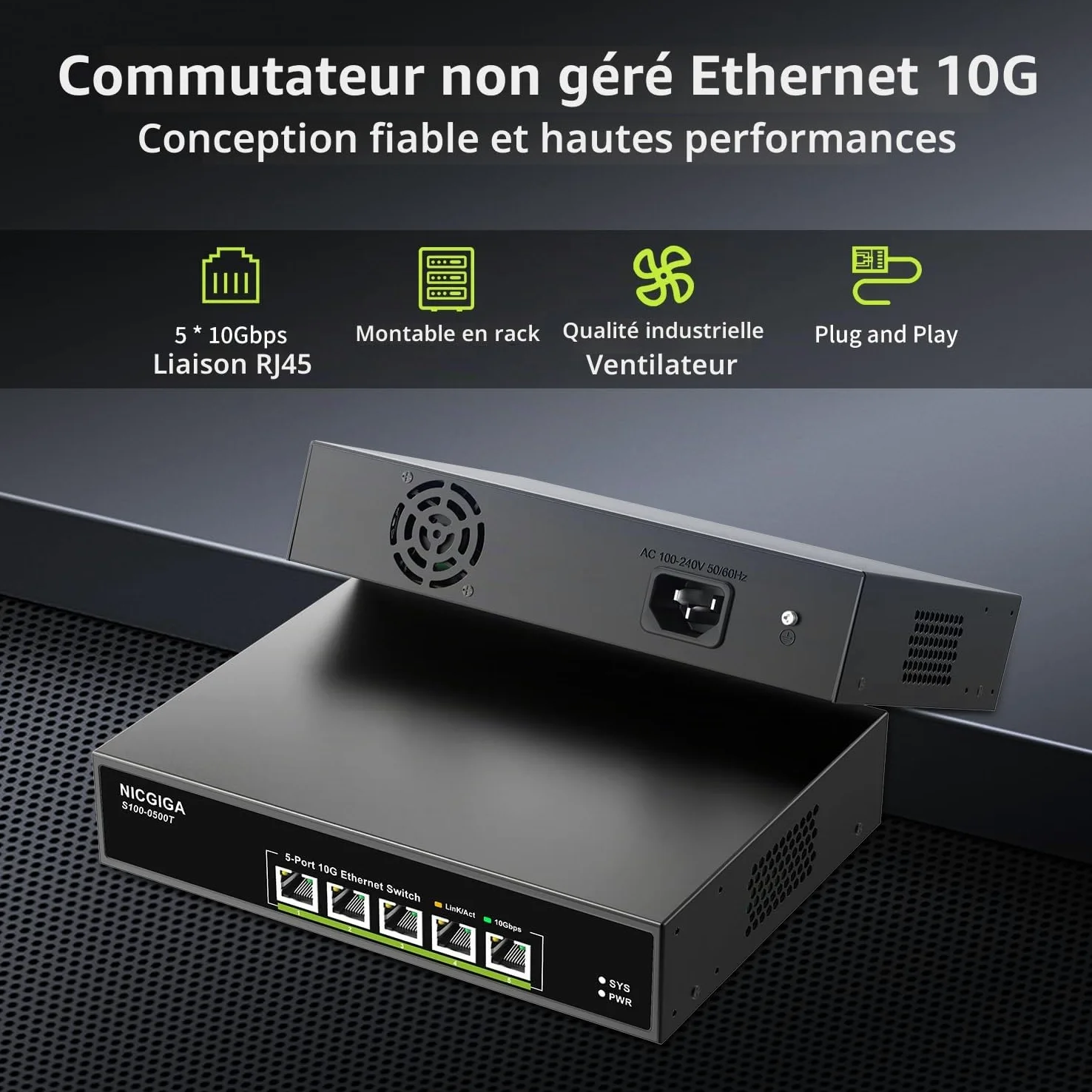 5 Port 10G Ethernet Switch Unmanaged,with 5X 10Gb Base-T RJ45 Ports, NICGIGA 10Gbps Network Switch Easy for 10Gbps NAS,PC,WiFi7 Router,10G Adapter/NIC. Desktop Or 19-inch Rack Mount, Plug and Play.