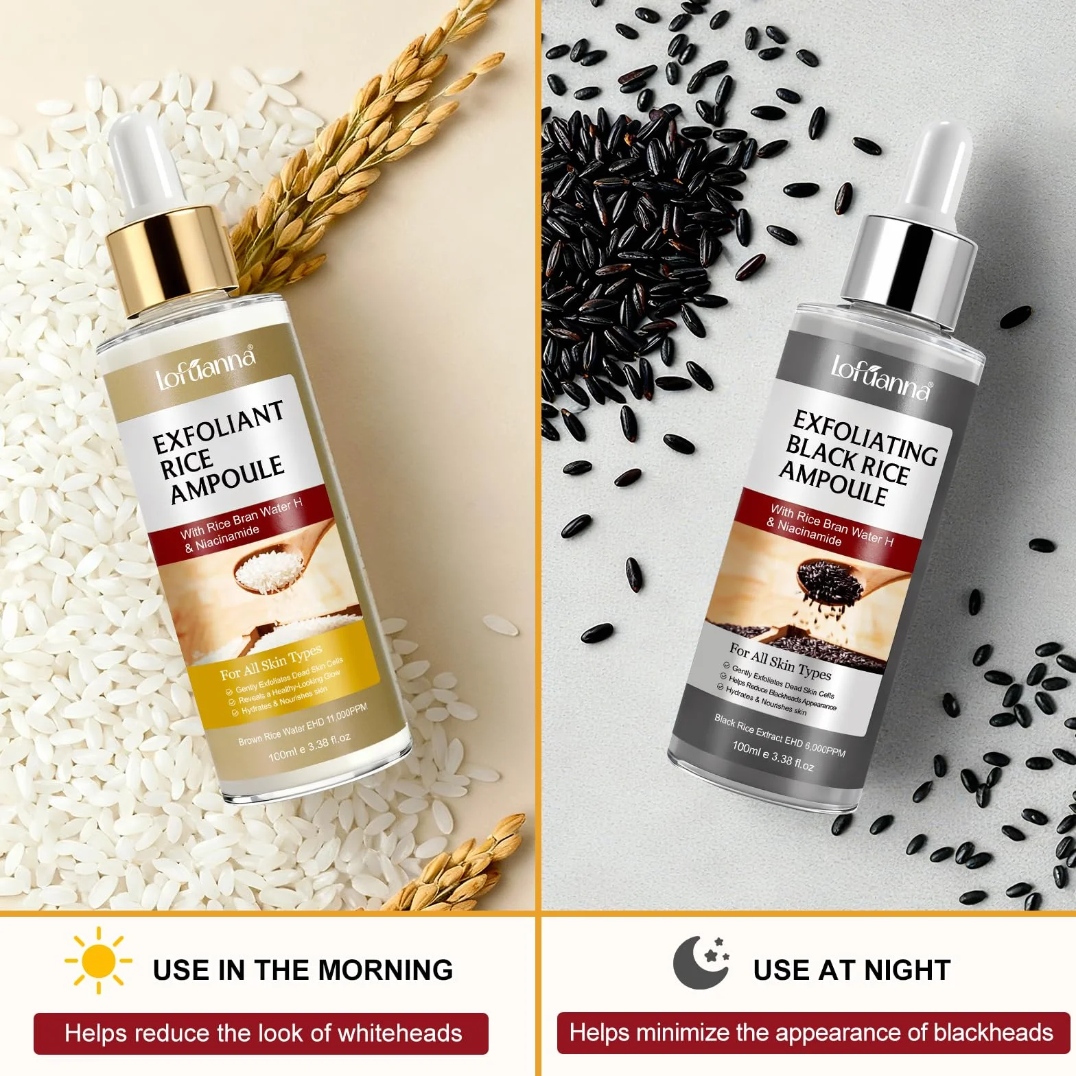 Sérum Exfoliant Visage au Riz Blanc 100ml + Riz Noir 100ml, Peeling Doux AHA BHA VB3, Éclat & Hydratation, Soin Coréen