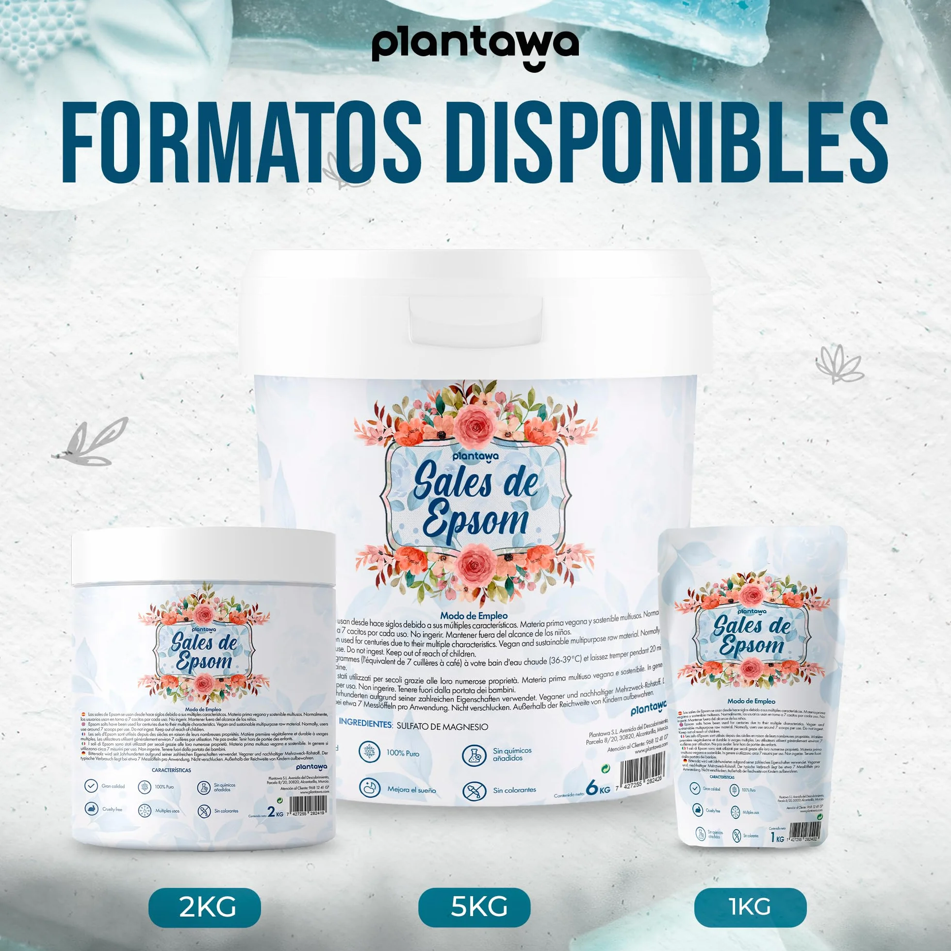 PLANTAWA Sel d'Epsom 1kg | Sulfate de Magnésium Pur, Bain Relaxant et Moussant, Bien-être et Sommeil Réparateur
