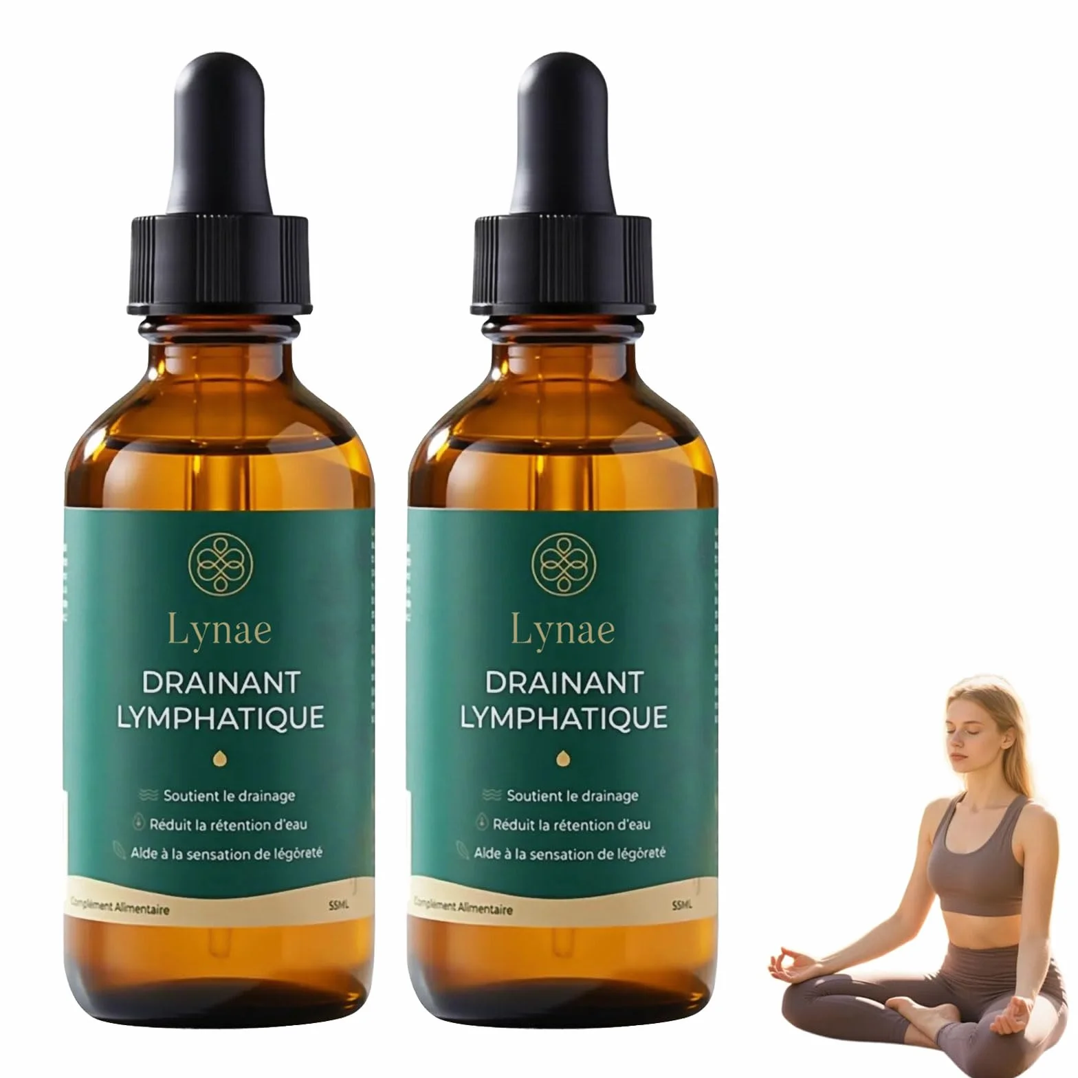 Lynae Drainant Lymphatique Goutte, Drainage Lymphatique Corps Complet, Mélanges à Base de Plantes Naturelles, Sans Gluten, 2 flacons