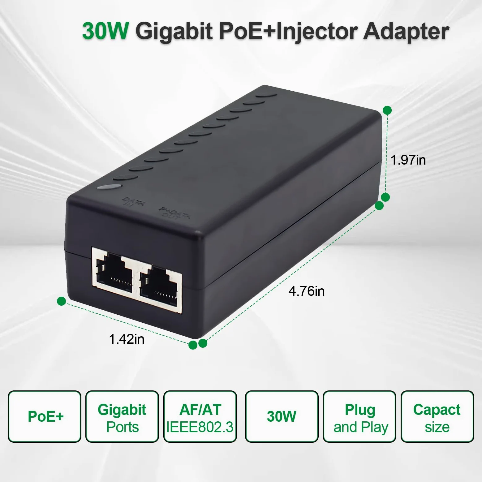 Injecteur Gigabit PoE+, 30 W 48 V, noir | 10/100/1000 Mbps, conformité IEEE 802.3af/at, extension du réseau jusqu'à 100 m, Plug and Play