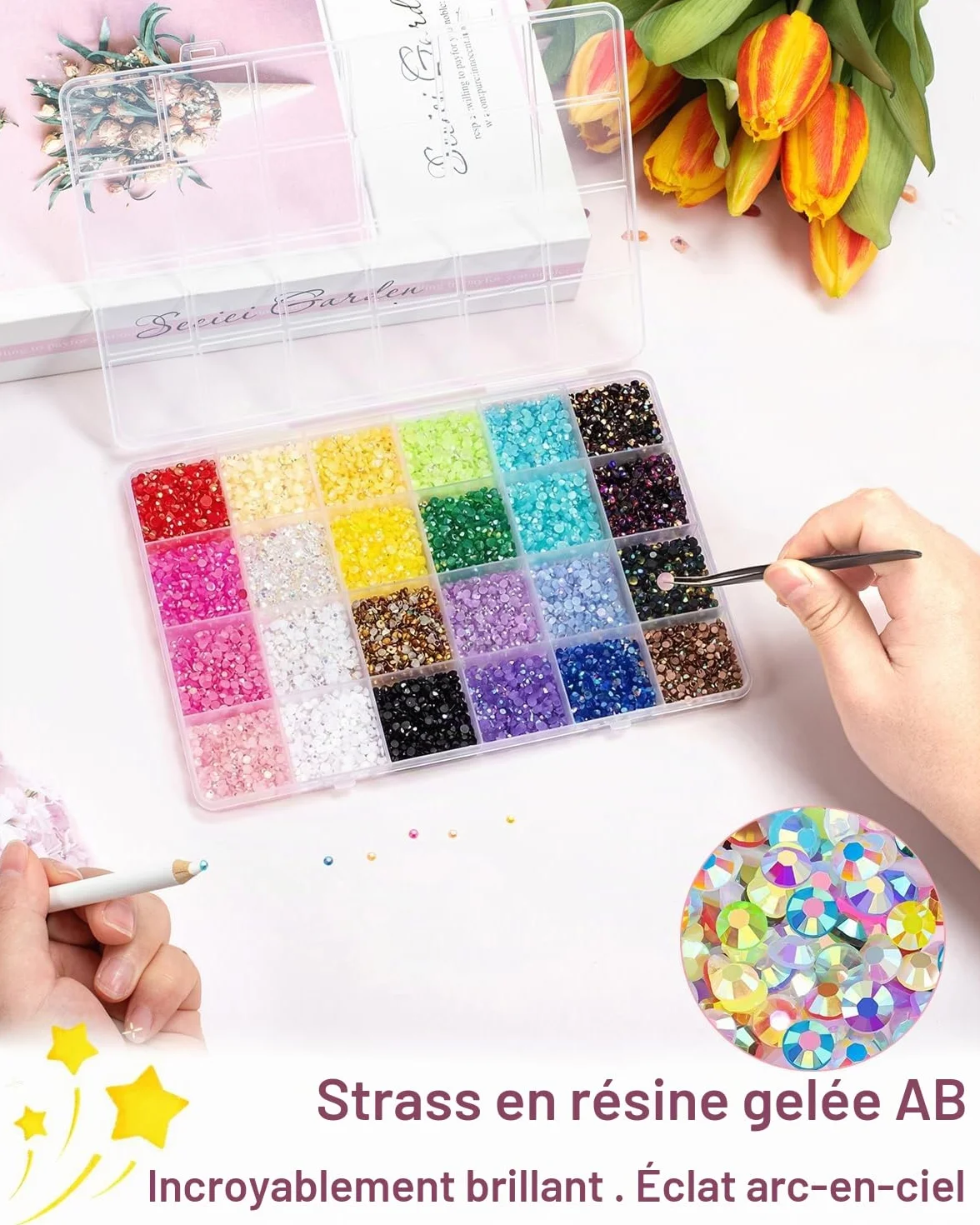 24 Couleurs Strass 30000+Pcs 3mm Flatback Bedazzling Kit avec Pince et Stylo AB Strass a Coller DIY Nail Art
