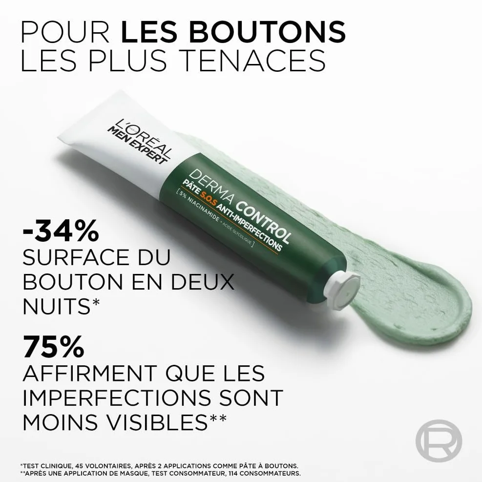 L'Oréal Men Expert Derma Control Pâte S.O.S Anti-Imperfections Soin Localisé Anti-Boutons Masque Purifiant Niacinamide Acide Glycolique 45 ml
