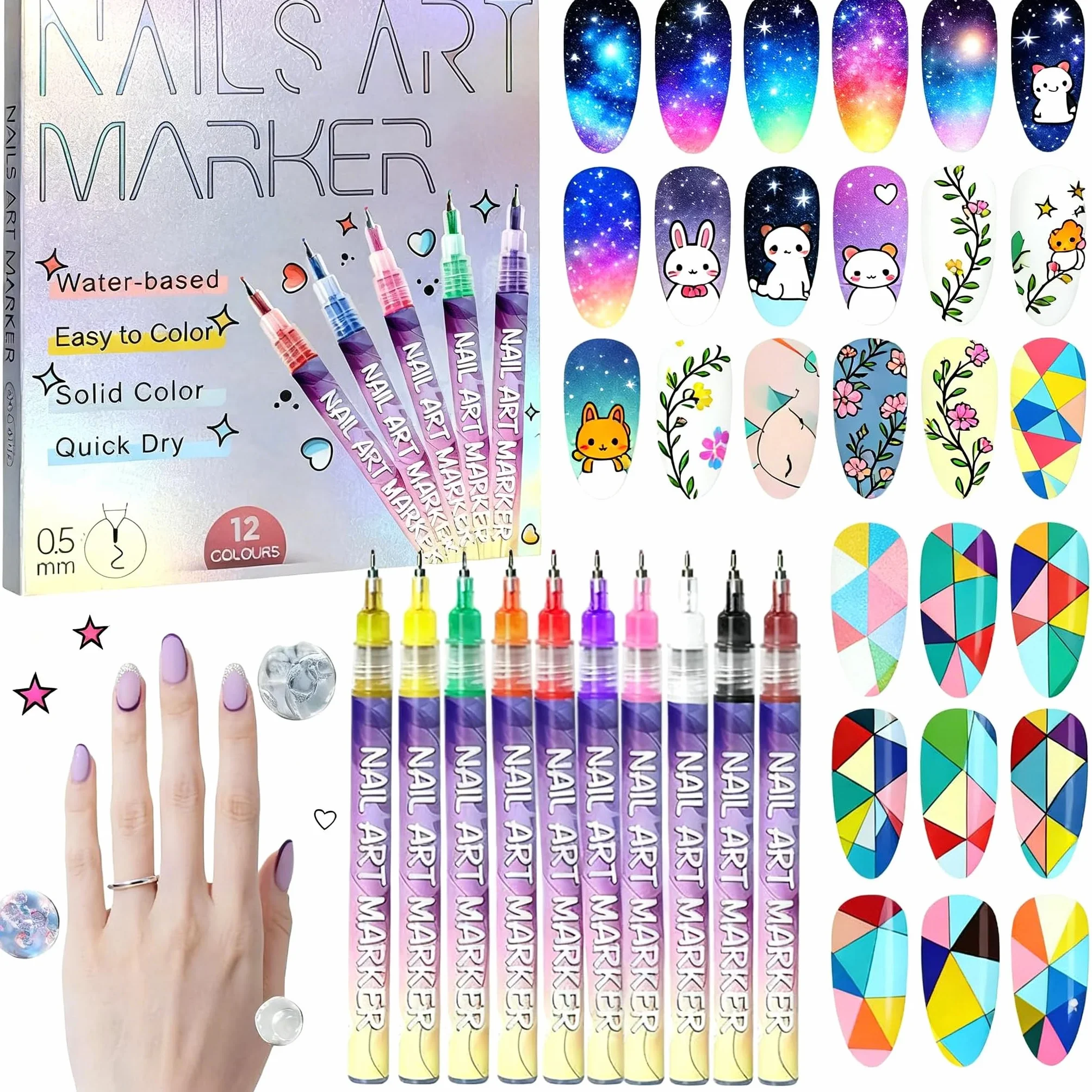 Kit de 12 Feutres Vernis à Ongles Stylo 3D Nail Art Professionnel Pointe Métallique Fine 0.5mm