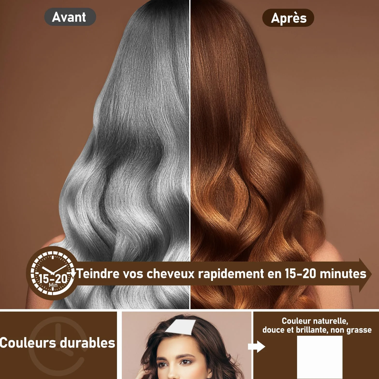 Shampoing Colorant Chatain Foncé 500ml, Shampooing Teinture Cheveux Blancs, Dark Brown Hair Dye Shampoo 3 in 1