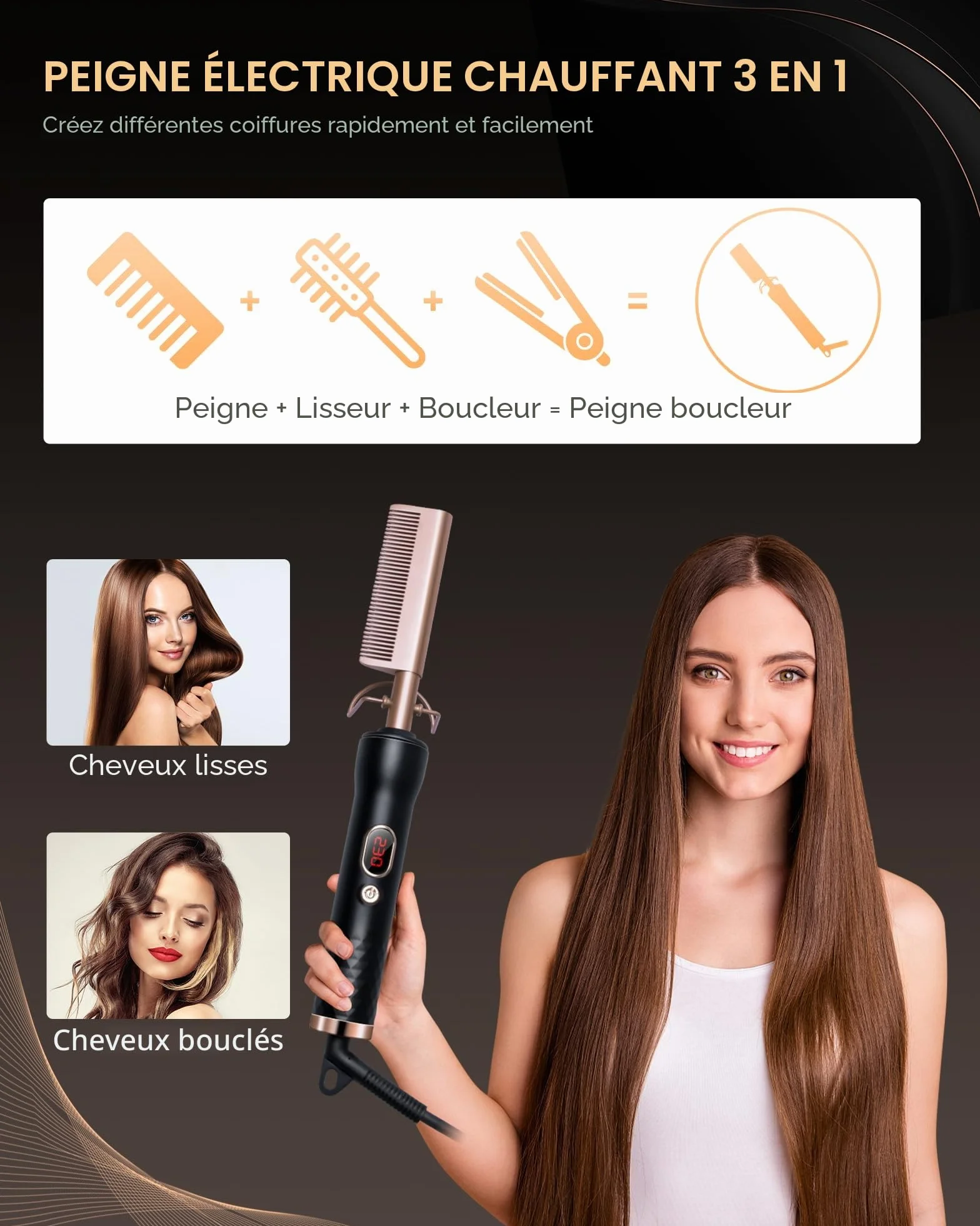 Peigne Chauffant Cheveux Afro Lisseur Hot Comb Écran LCD 120-230℃ Céramique Arrêt Automatique