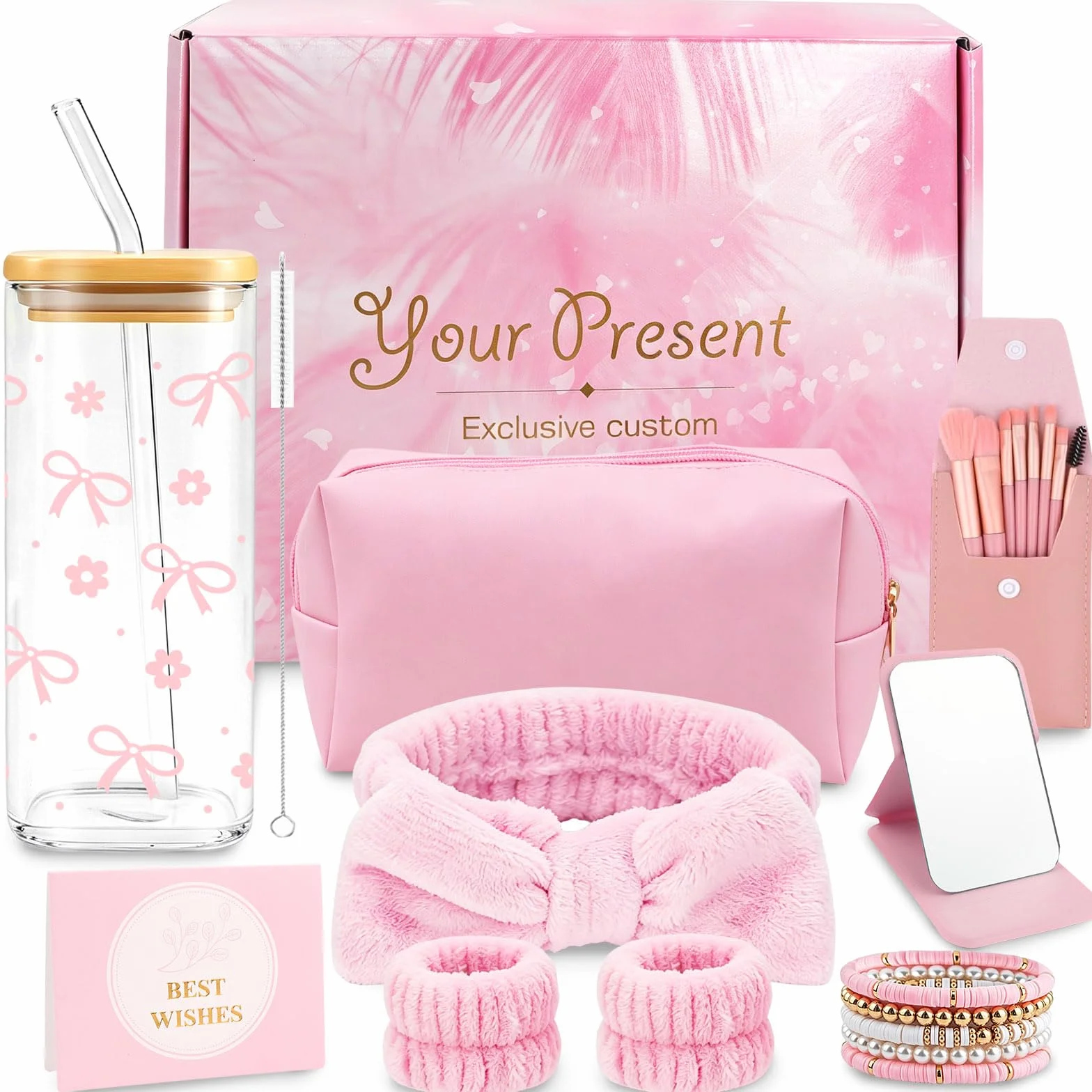 Coffret Cadeau Anniversaire Fille Tasse en Verre avec Couvercle et Paille Maquillage Trousse Cosmétique Bracelet Hairband Miroir