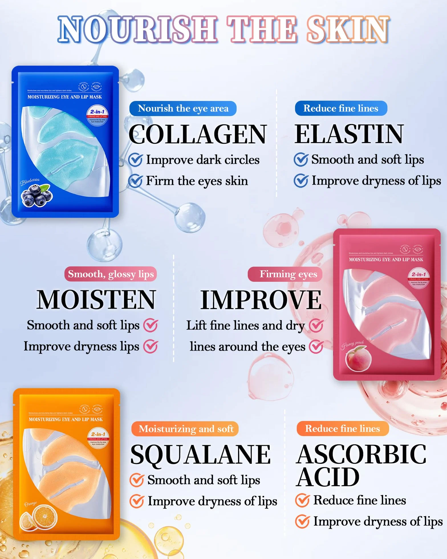 Lot de 8 Masques Yeux et Lèvres au Collagène Cristal Pêche Patchs Anti-Cernes Poches Rides Set Soins Cadeau Femme