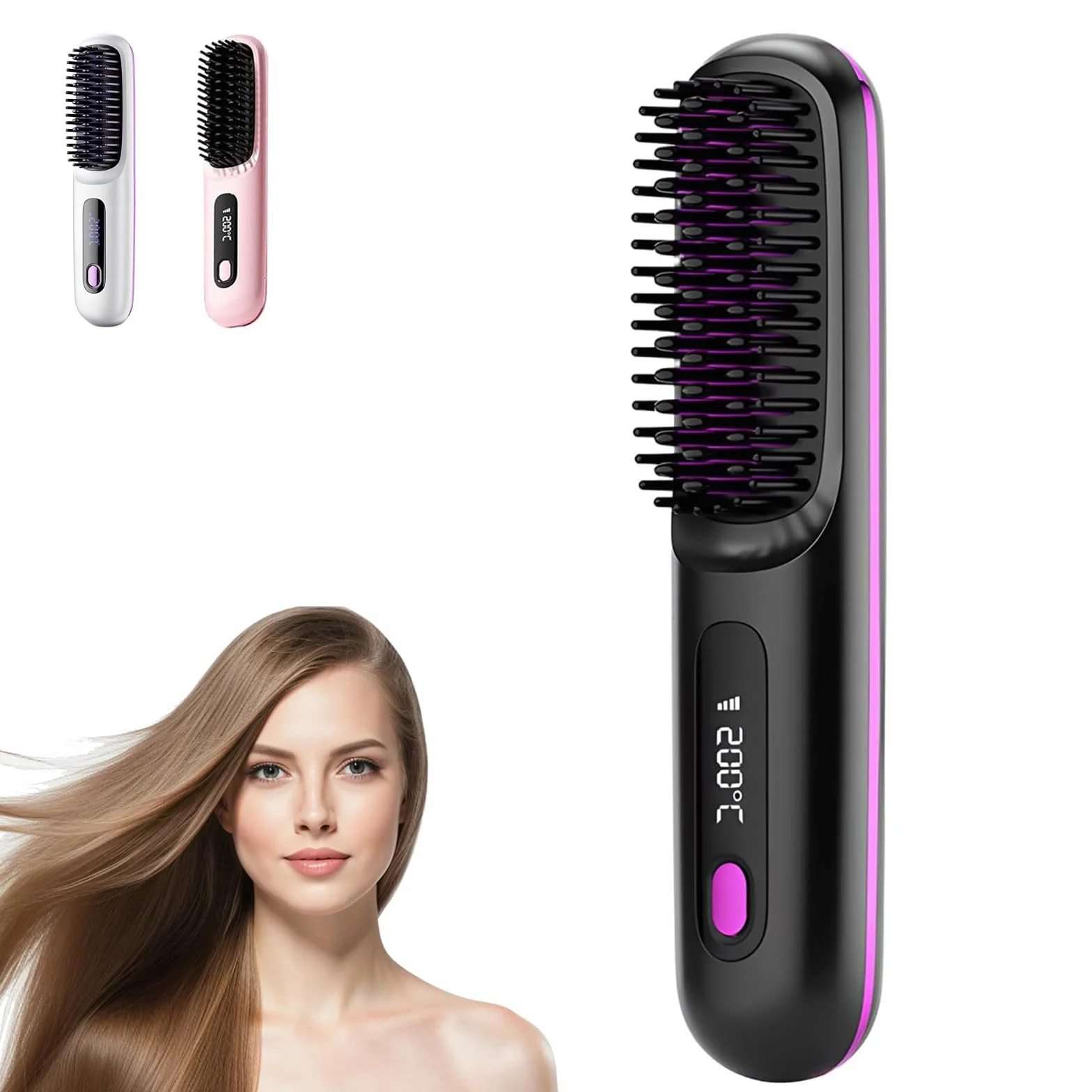 Go Brush Pro Brosse À Cheveux Lisse Sans Fil Rechargeable Portable Affichage LED Chauffage Rapide Noir