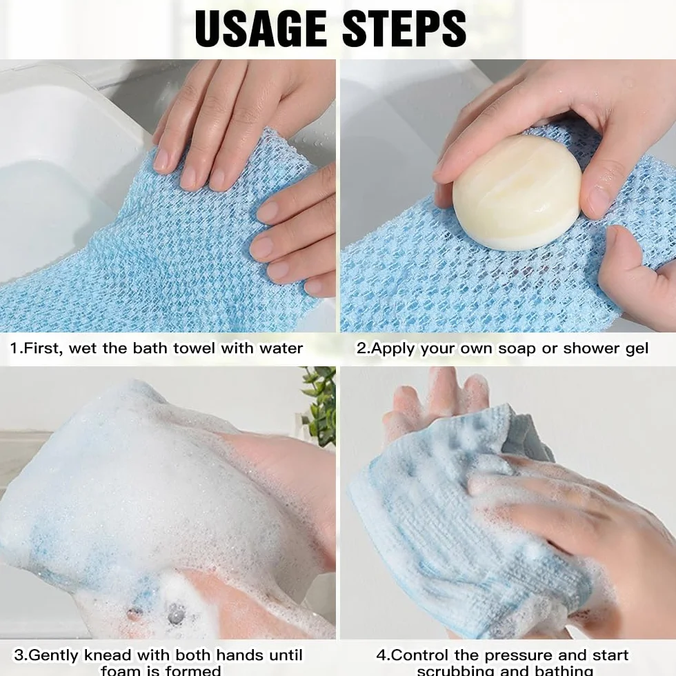 Serviette Exfoliante Douche 2 Pièces Brosse de Dos Gant Exfoliant Éponge Gommage Corps Rose Bleu