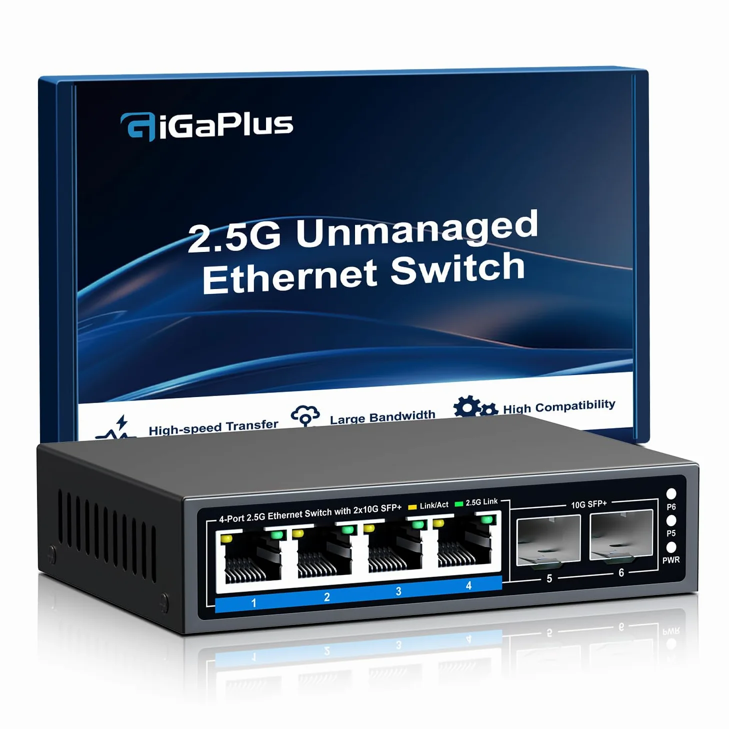 Switch Ethernet Non géré à 6 Ports de 2.5Go avec 4 Ports Base-T 2.5G, 2 Ports SFP+ 10G. Switch réseau GiGaPlus 2.5 Gbit/s pour NAS/PC 2.5Gbit/s, routeur WiFi6, Point d'accès sans Fil, Plug and Play