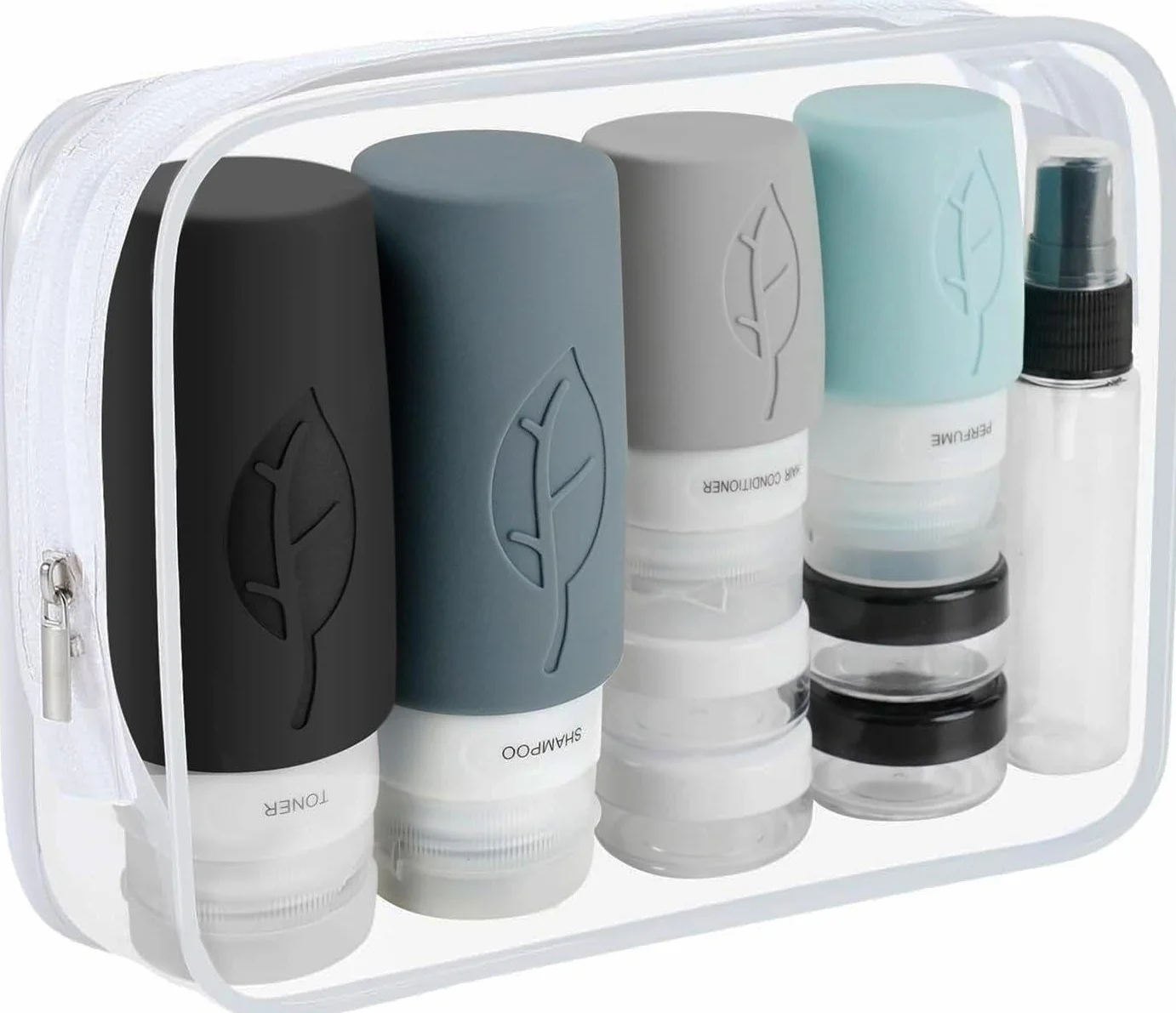 Flacons de Voyage en Silicone 17 Pièces Réutilisable Étanche Set Cosmétiques Shampoing sans BPA Noir