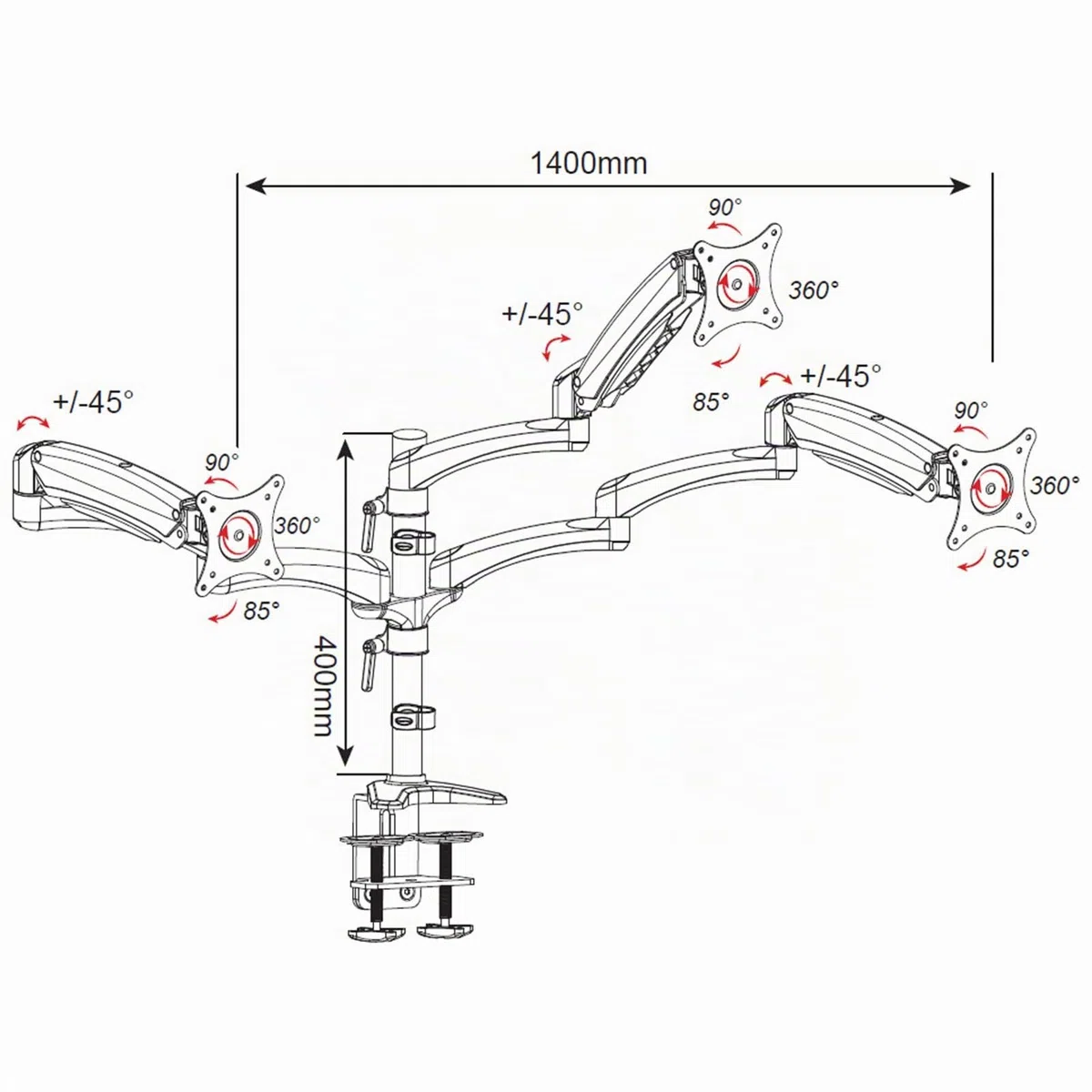 HFTEK - Support Écran, Support de Moniteur et Ordinateur, Support pour 3 Moniteurs de 15" - 27" (FY138DW)