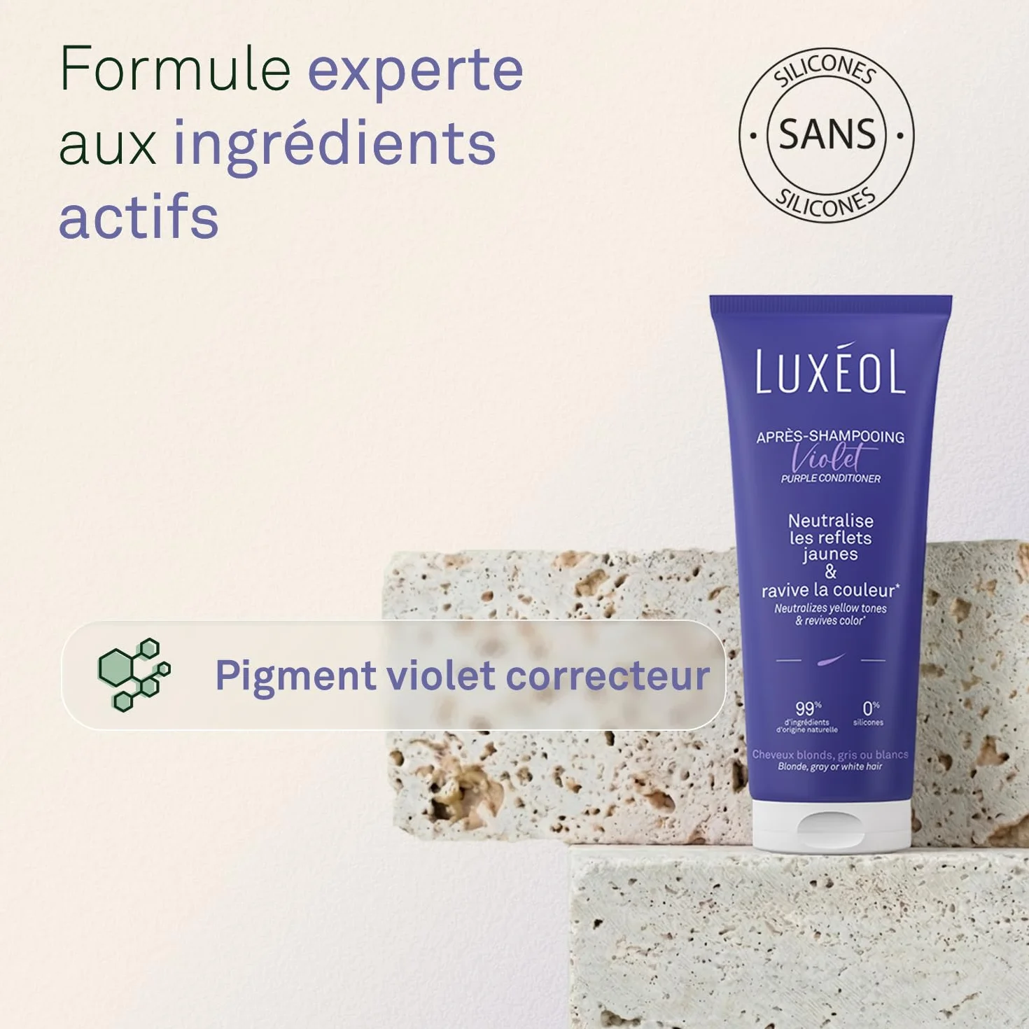 LUXEOL Après-Shampooing Violet 200 ml Neutralise Reflets Jaunes Corrige Cuivrés