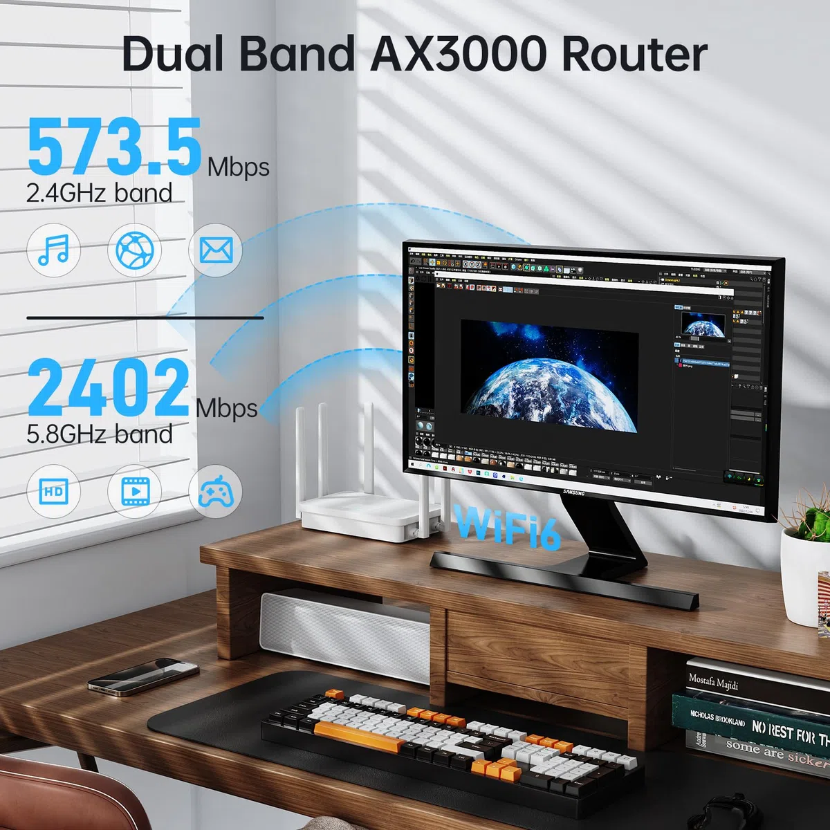 Système de Pont sans Fil avec portée de 5 km, connecteurs Double Gigabit, Alimentation PoE, routeur WiFi AX3000 et Supports d'installation réglables, kit Complet pour ponts sans Fil Point à Point